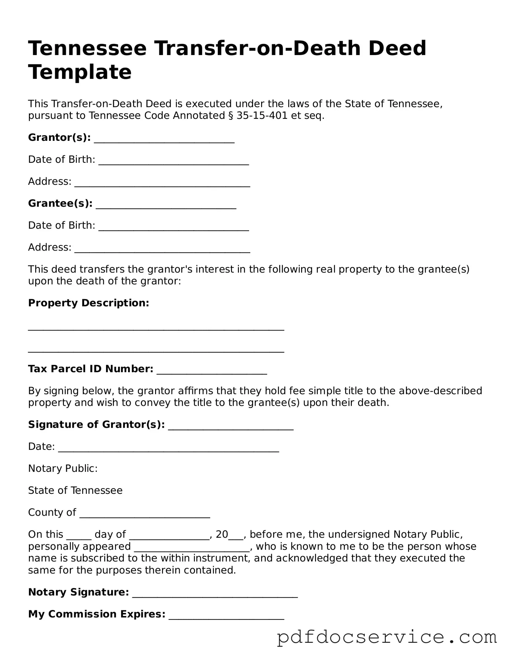 Printable  Transfer-on-Death Deed Template for Tennessee