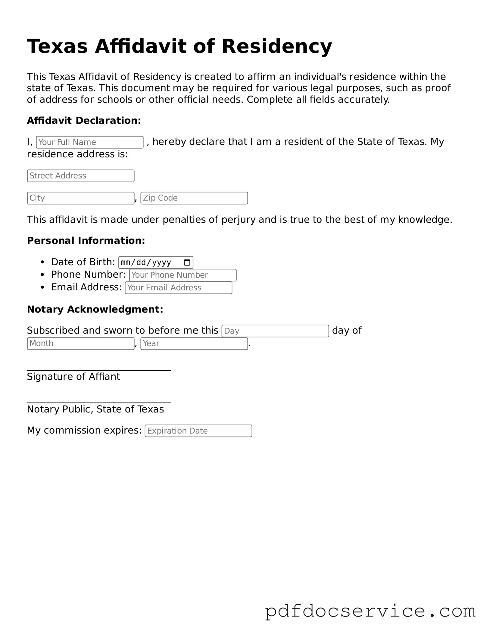 Printable  Affidavit of Residency Template for Texas