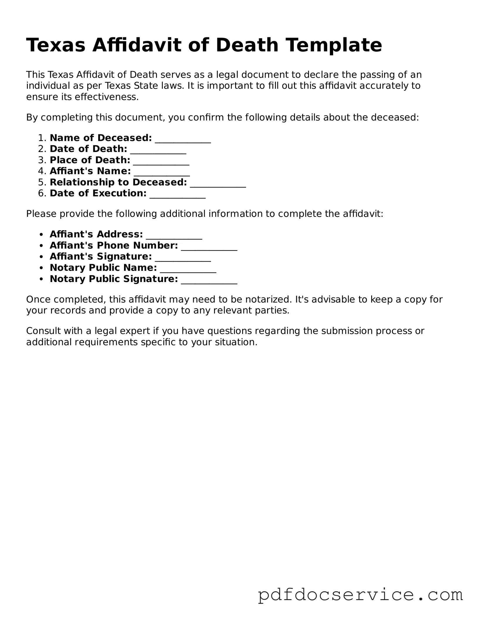 Printable  Affidavit of Death Template for Texas