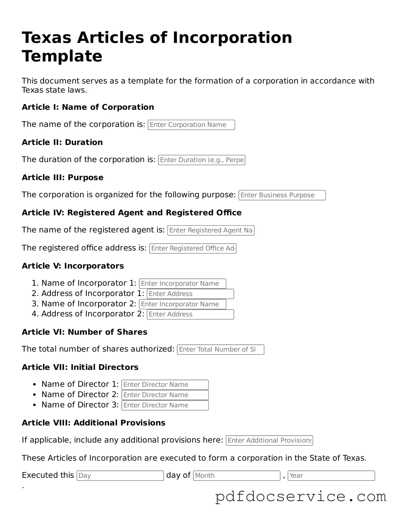 Printable  Articles of Incorporation Template for Texas