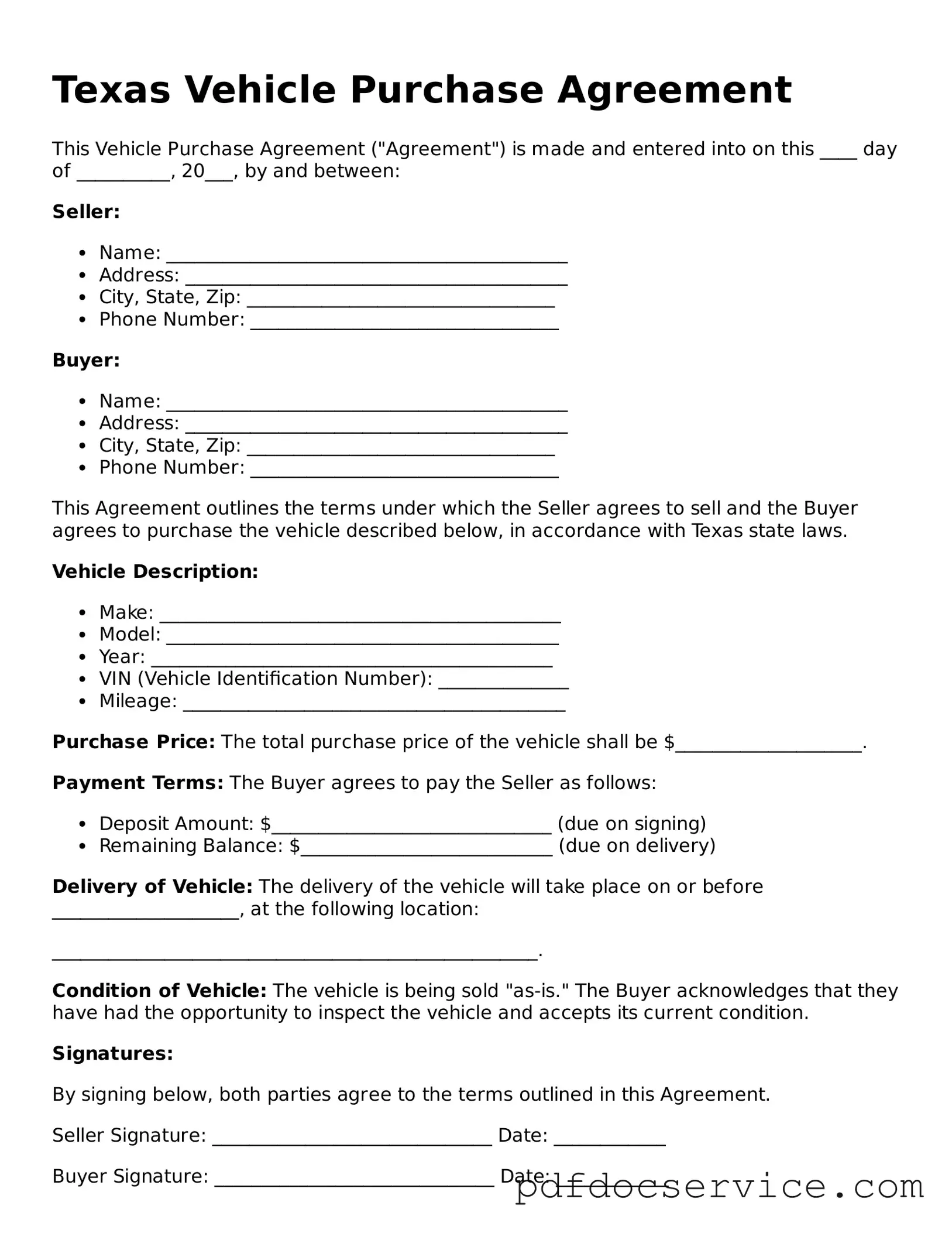 Printable  Vehicle Purchase Agreement Template for Texas