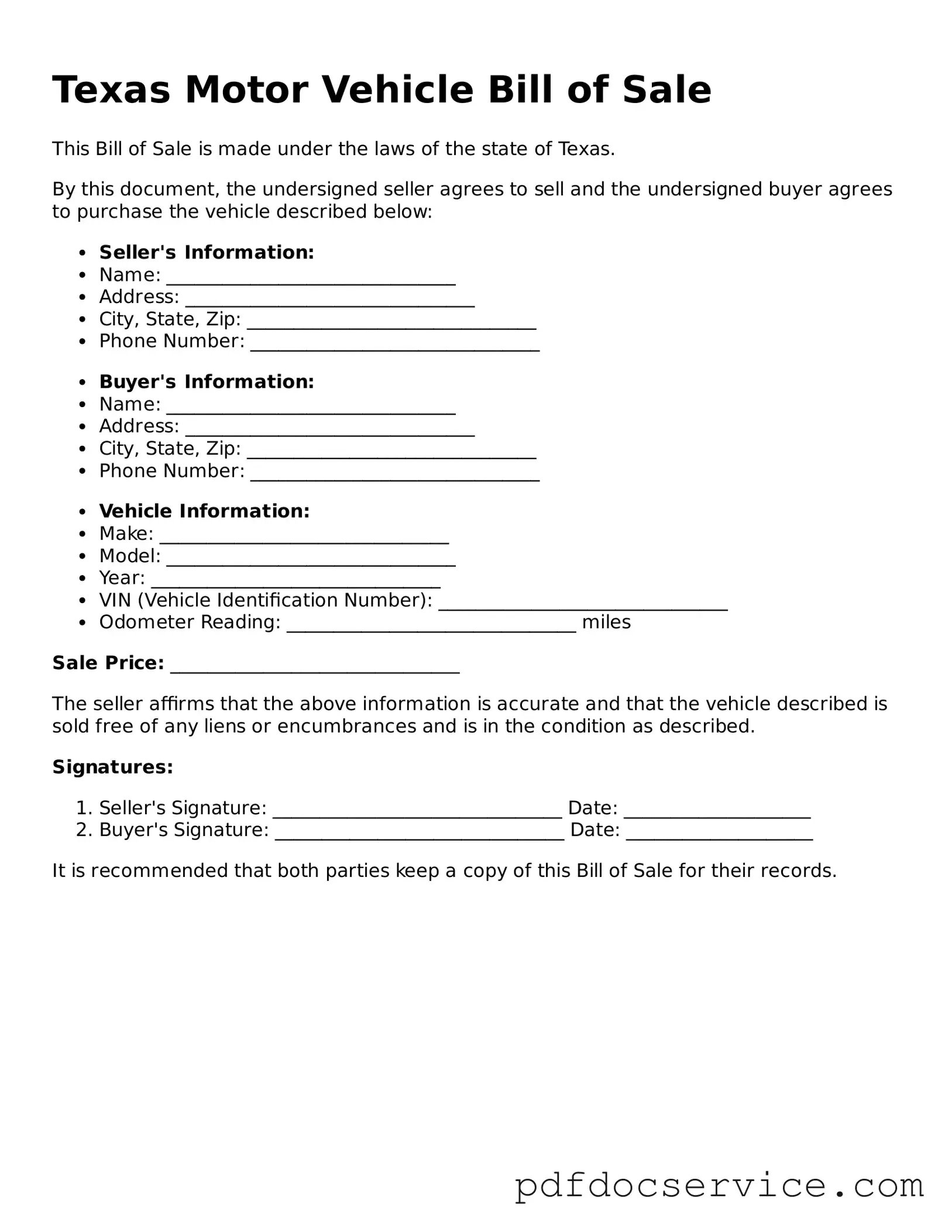 Printable  Motor Vehicle Bill of Sale Template for Texas