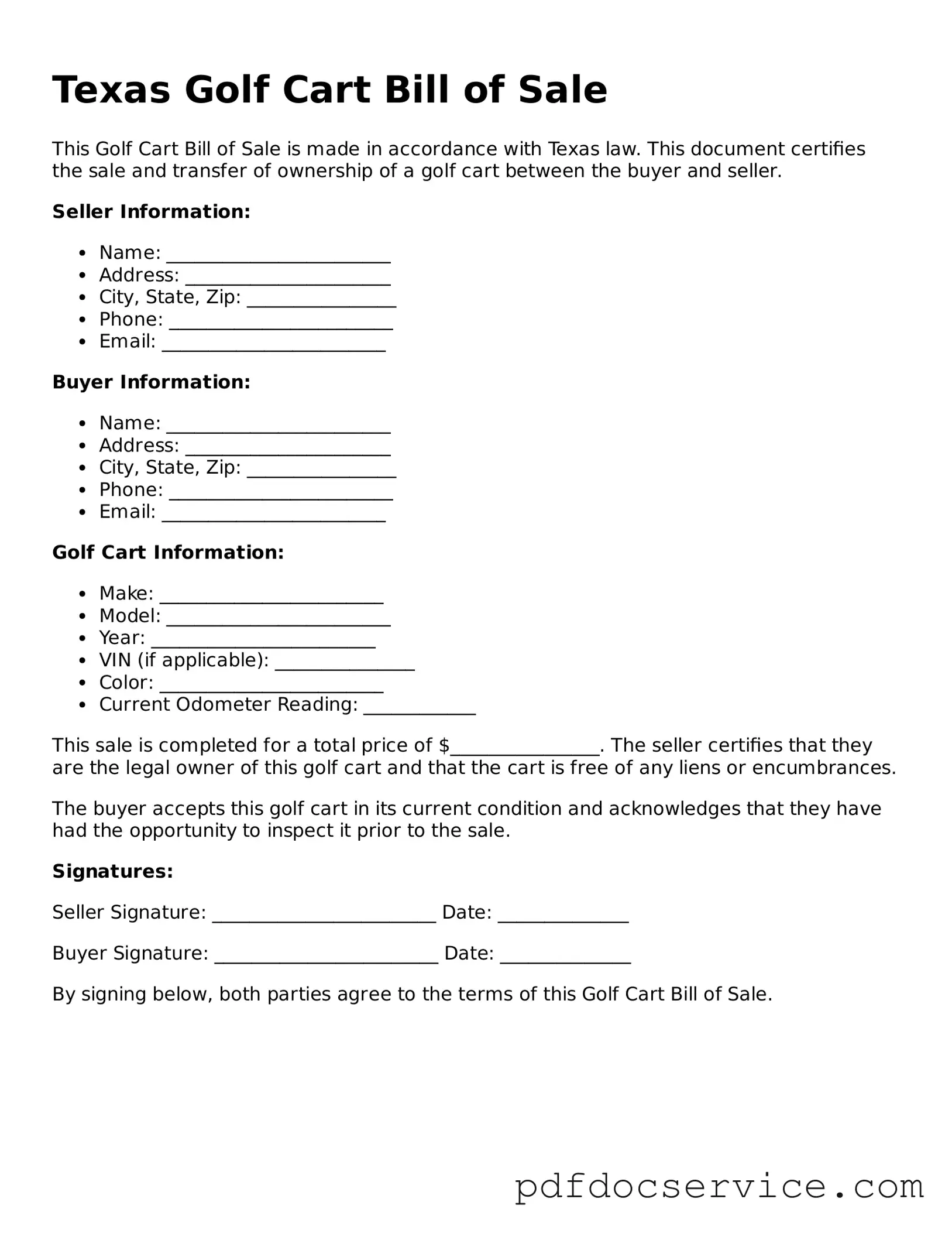 Printable  Golf Cart Bill of Sale Template for Texas