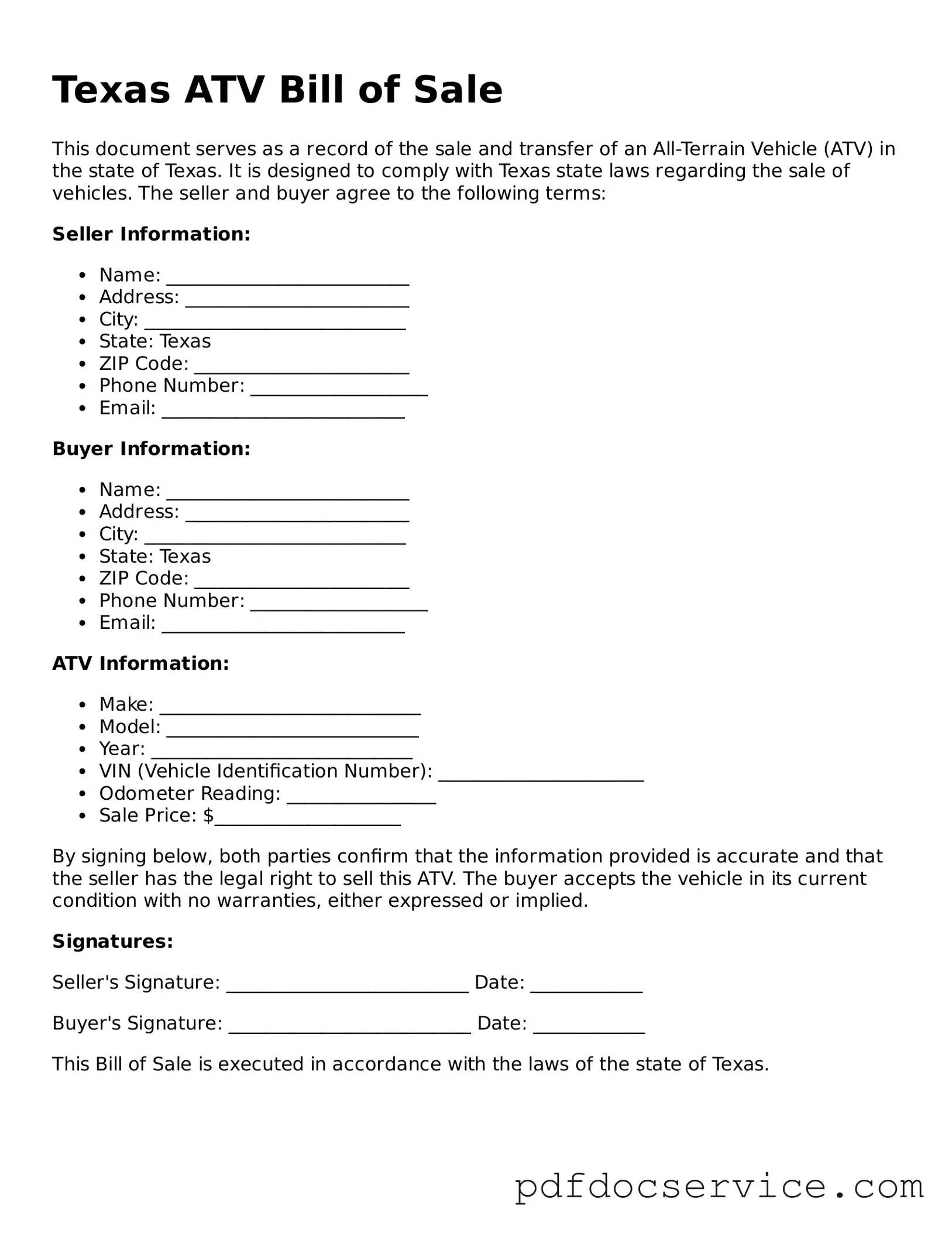 Printable  ATV Bill of Sale Template for Texas