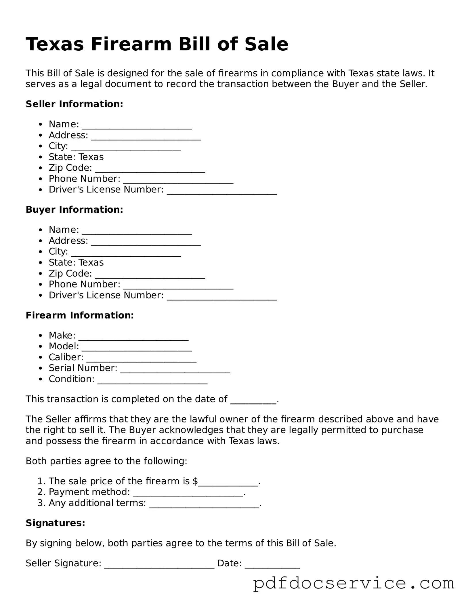 Printable  Firearm Bill of Sale Template for Texas