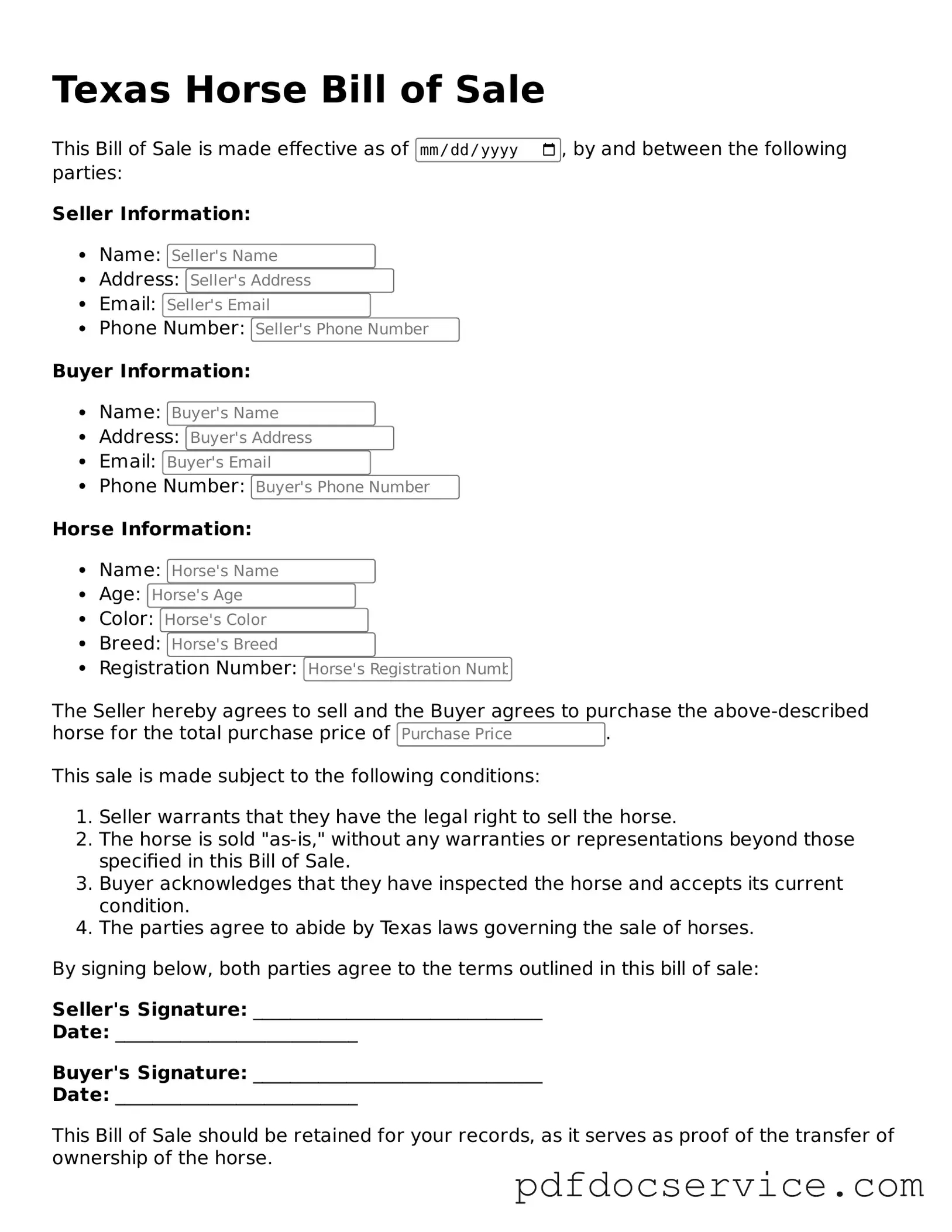 Printable  Horse Bill of Sale Template for Texas