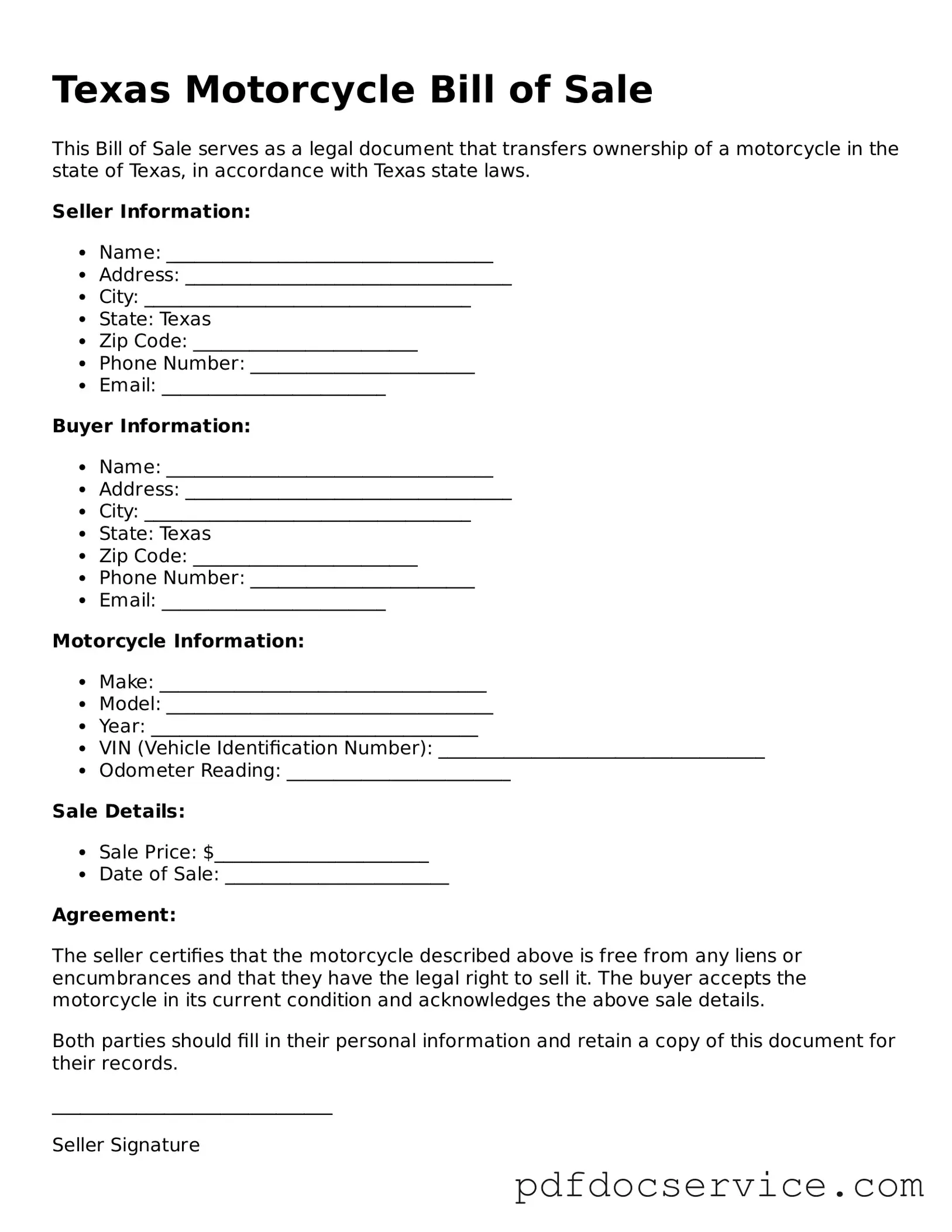Printable  Motorcycle Bill of Sale Template for Texas
