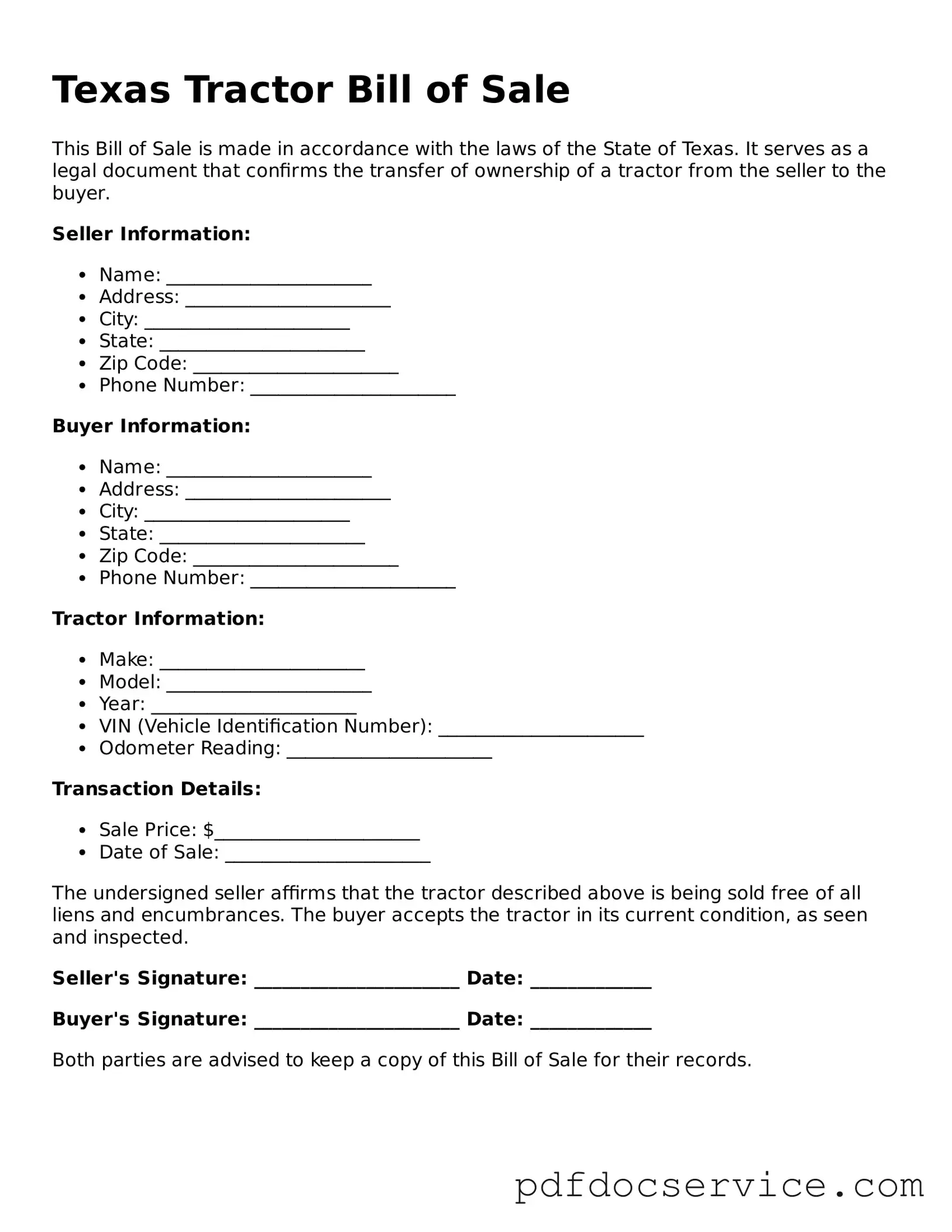Printable  Tractor Bill of Sale Template for Texas