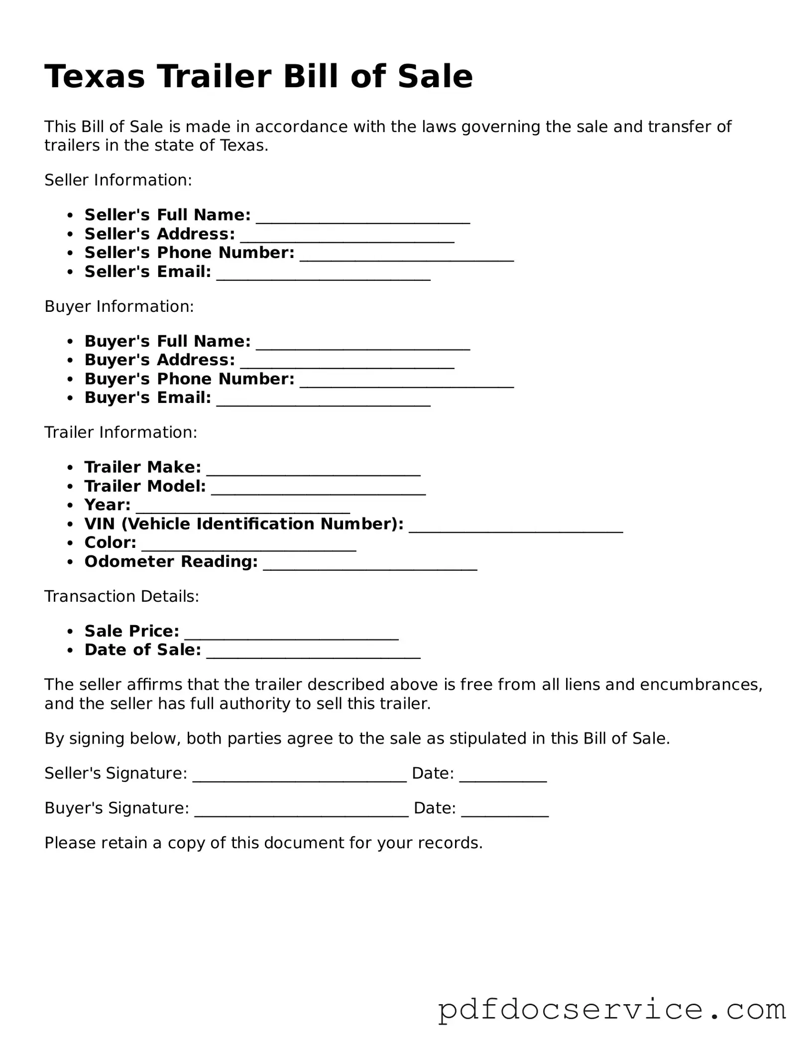 Printable  Trailer Bill of Sale Template for Texas