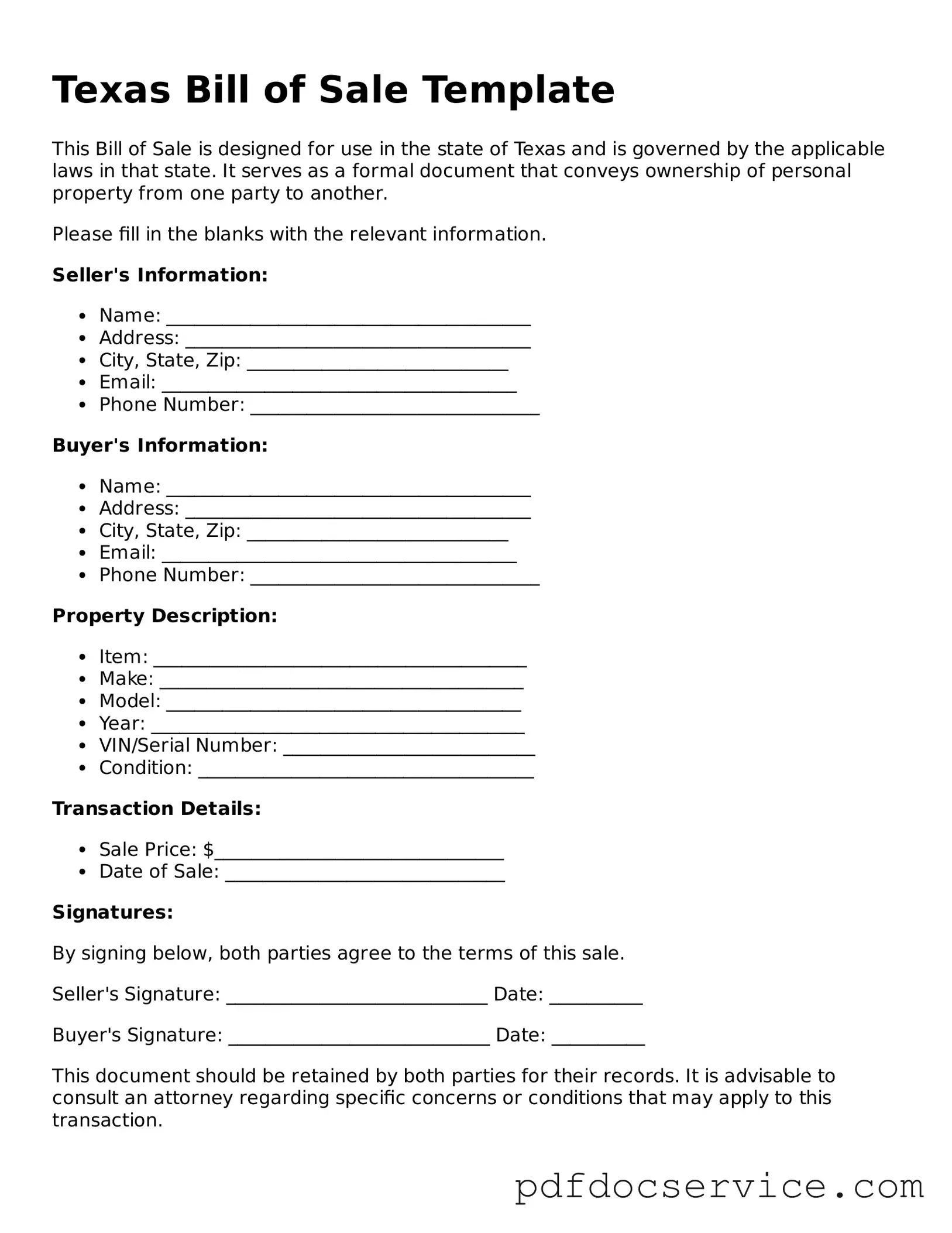 Printable  Bill of Sale Template for Texas