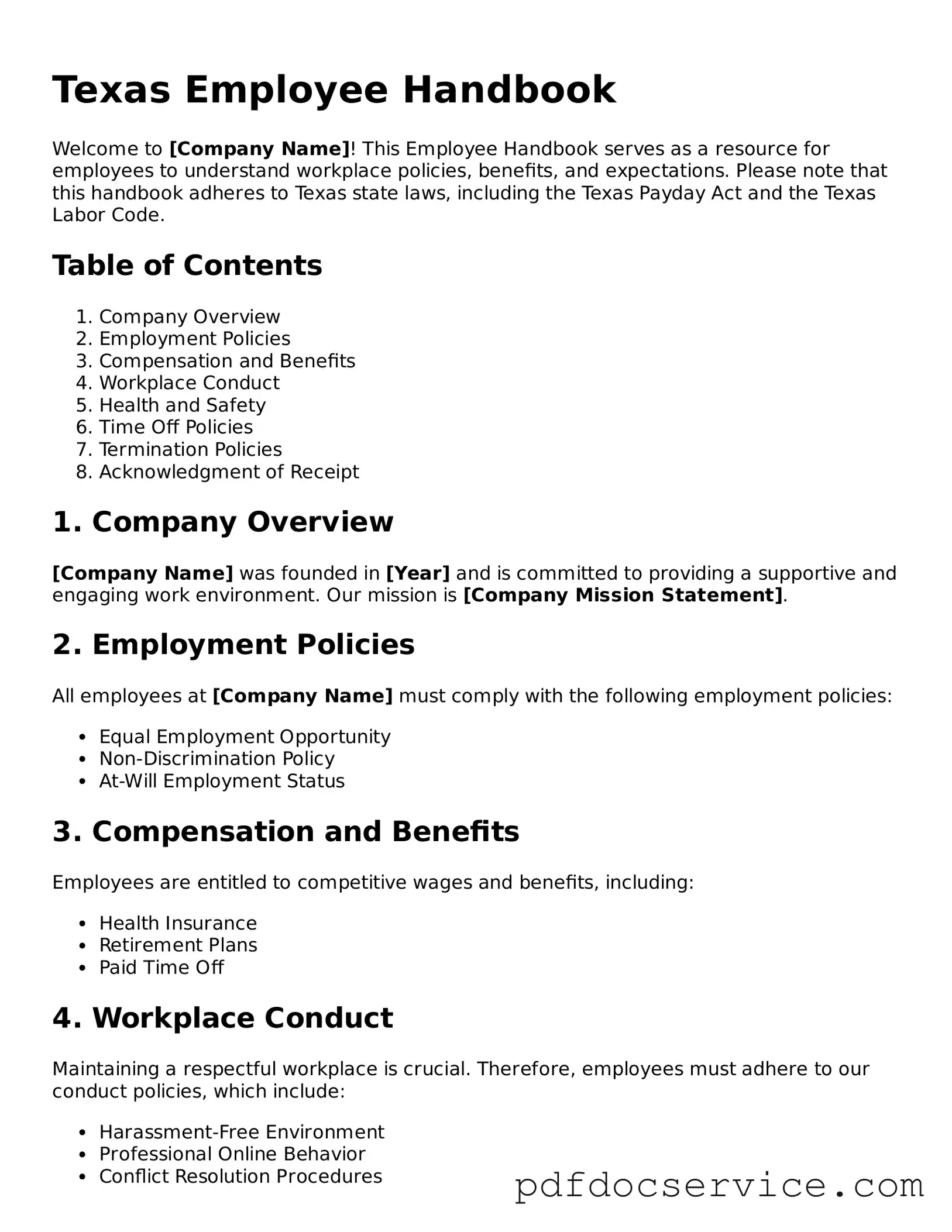 Printable  Employee Handbook Template for Texas