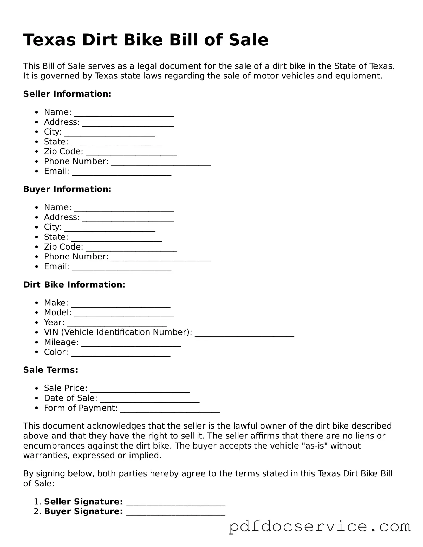 Printable  Dirt Bike Bill of Sale Template for Texas