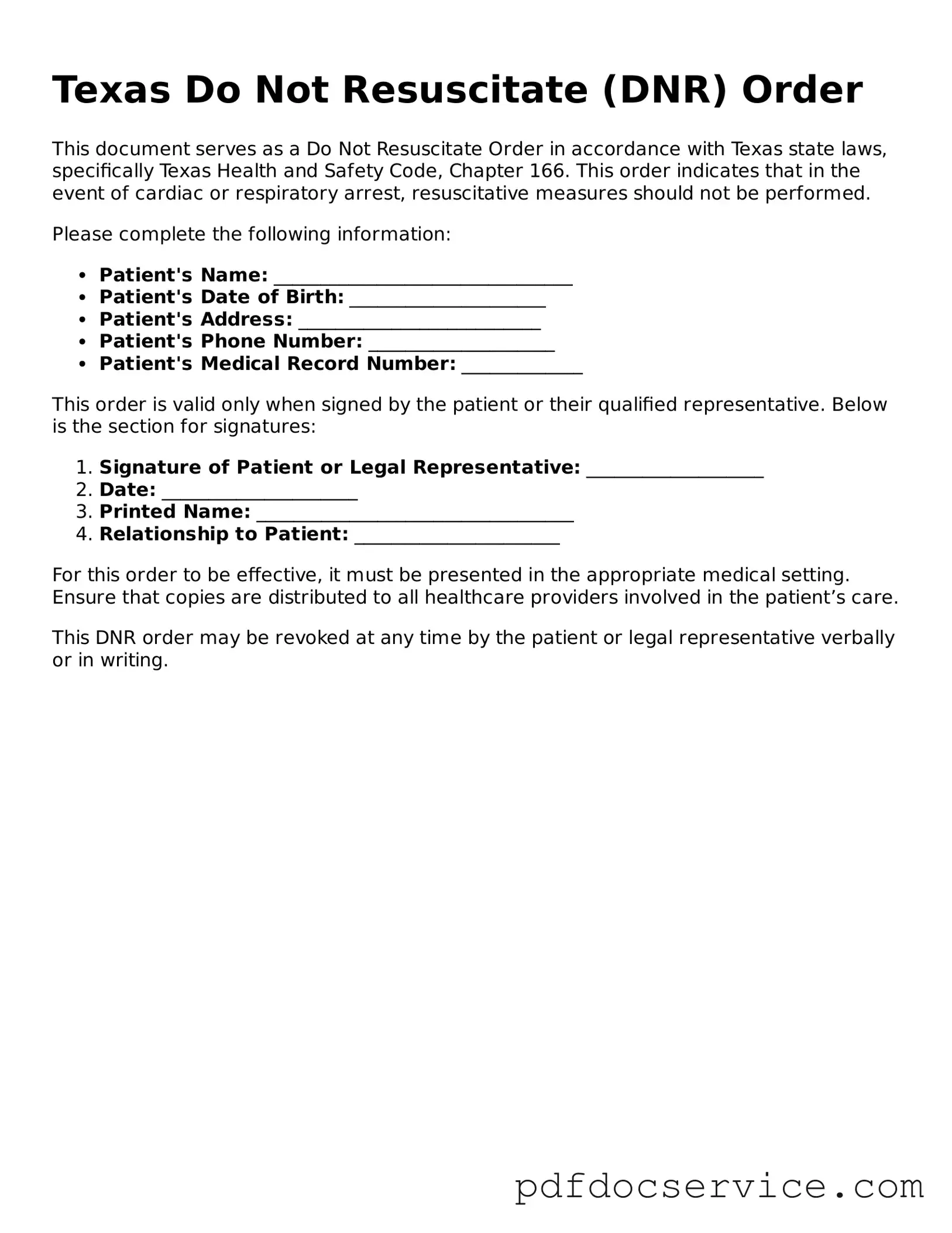Printable  Do Not Resuscitate Order Template for Texas