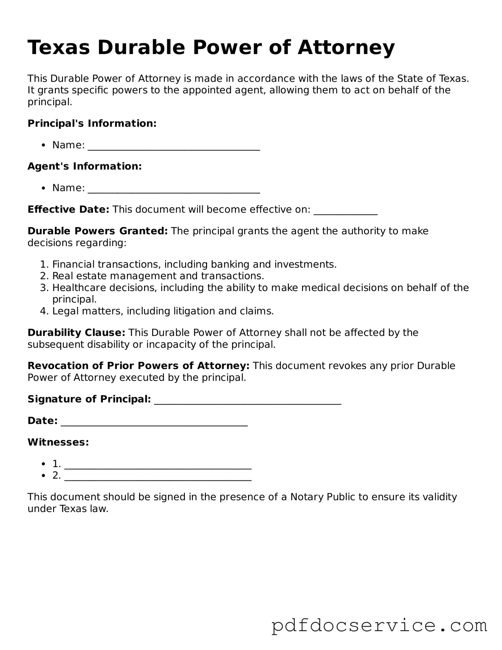 Printable  Durable Power of Attorney Template for Texas