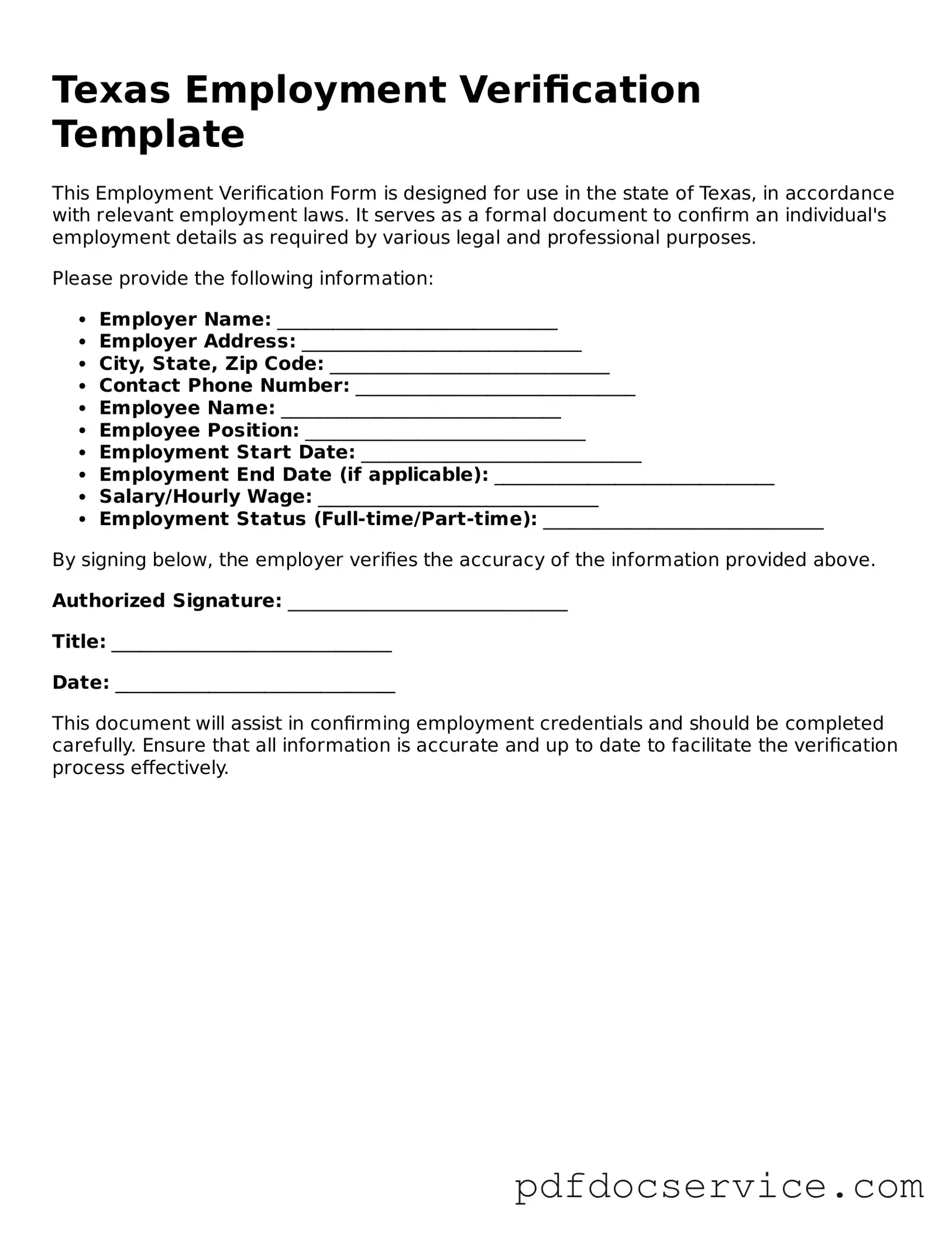 Printable  Employment Verification Template for Texas