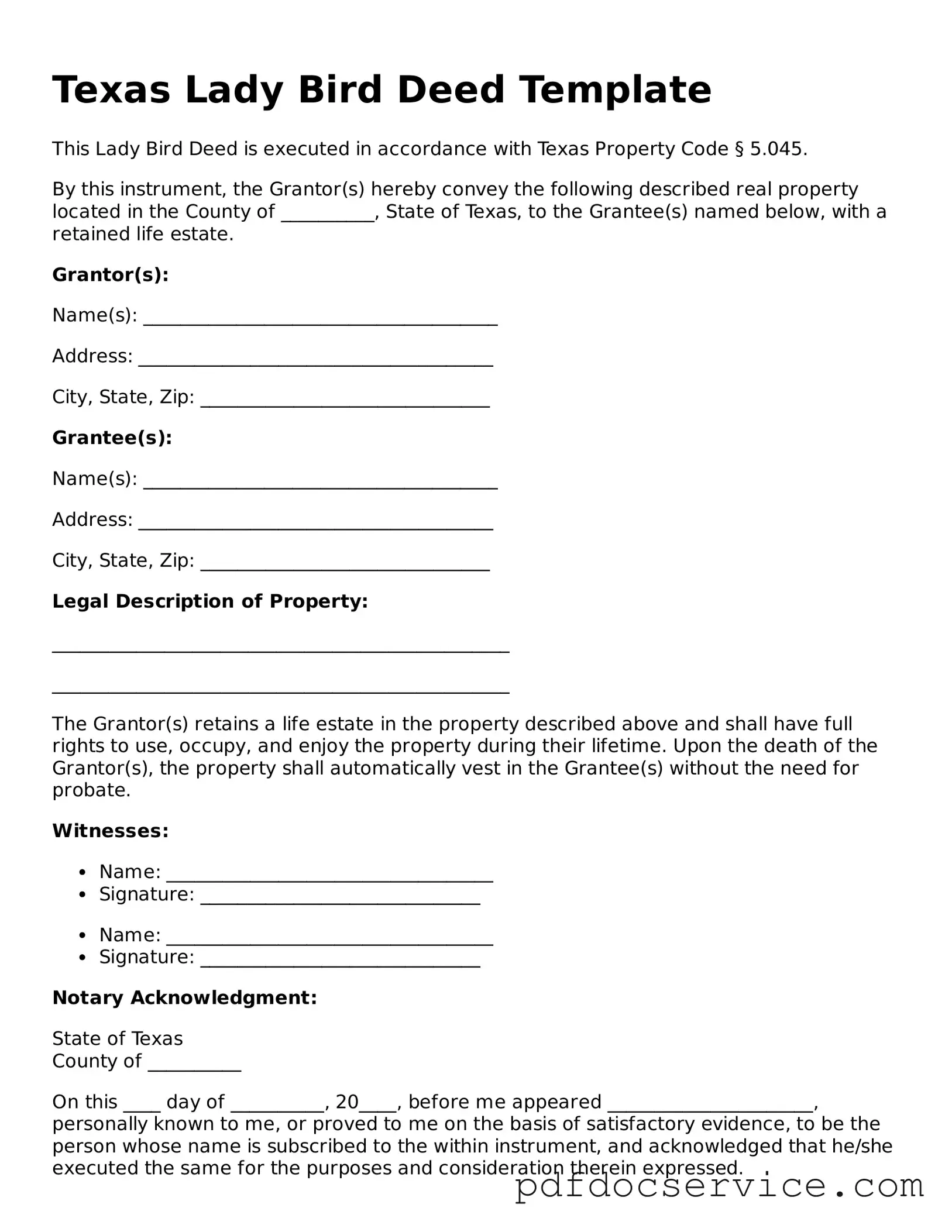 Printable  Lady Bird Deed Template for Texas