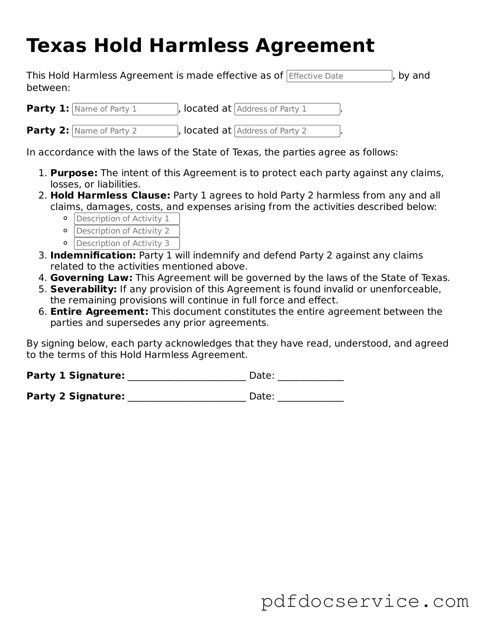 Printable  Hold Harmless Agreement Template for Texas
