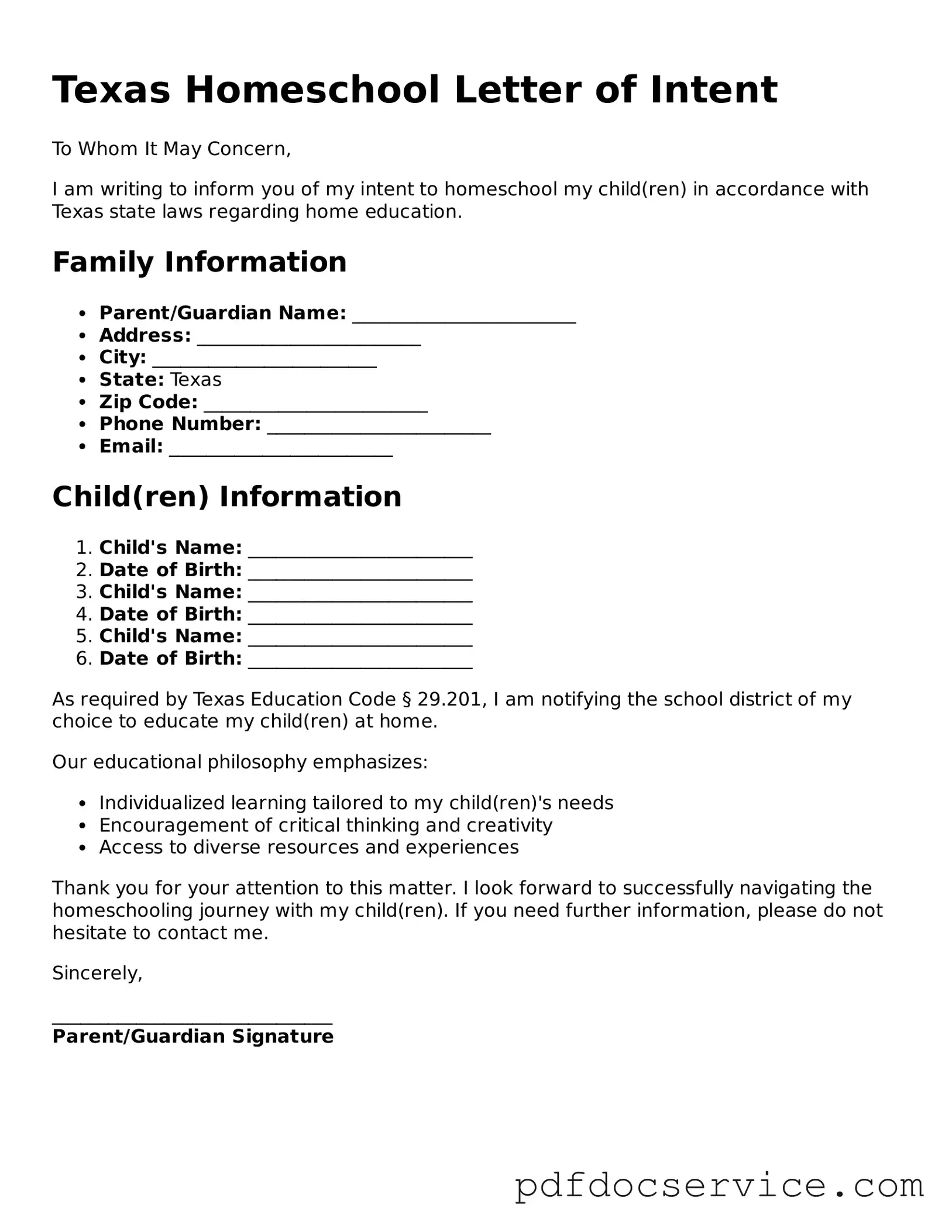 Printable  Homeschool Letter of Intent Template for Texas