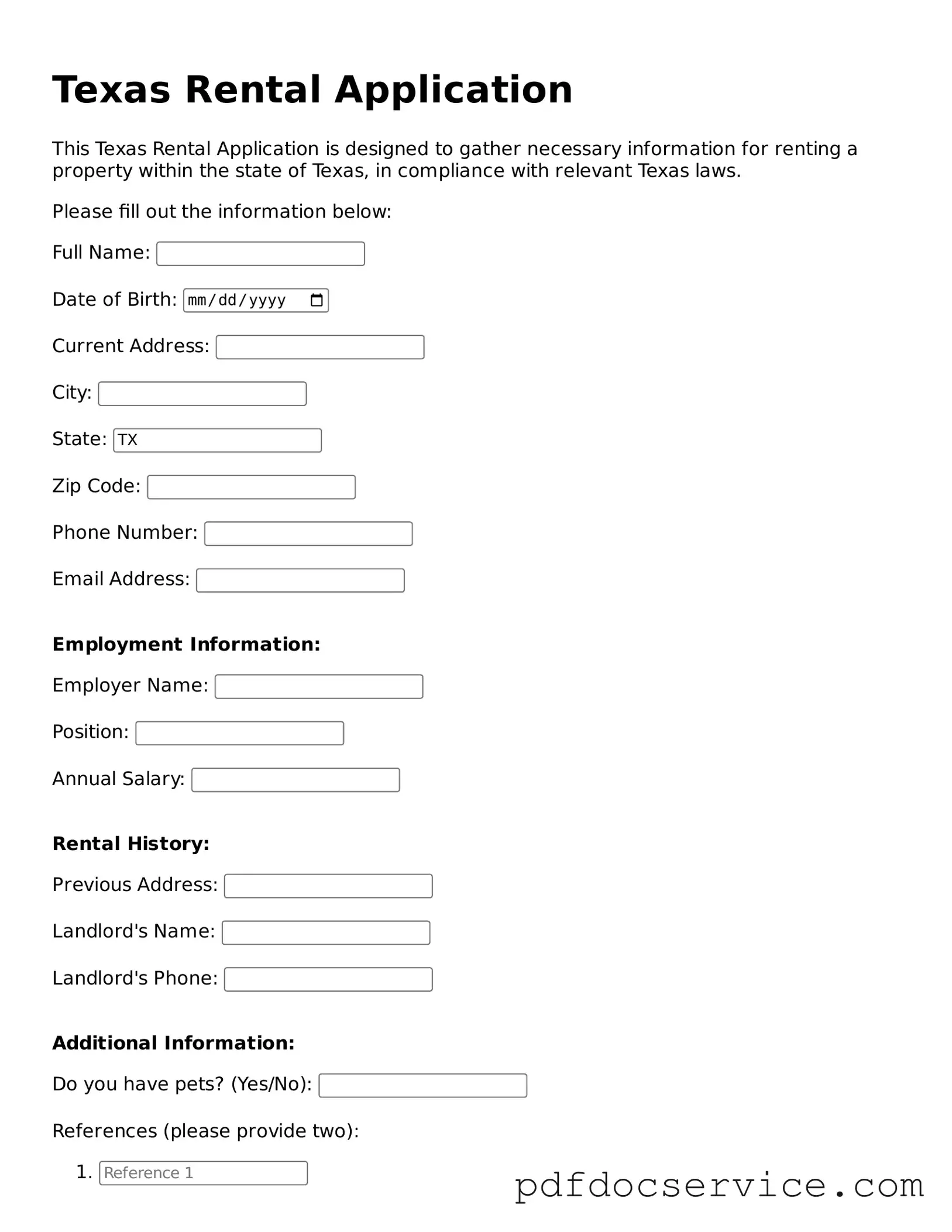 Printable  Rental Application Template for Texas