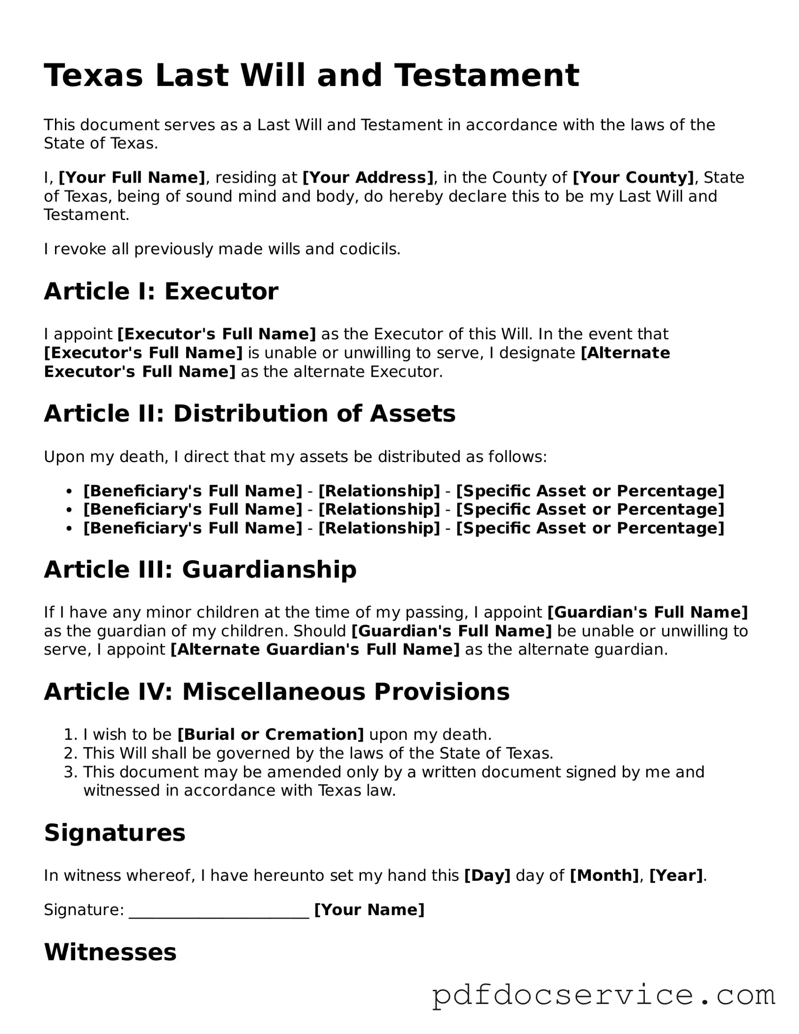 Printable  Last Will and Testament Template for Texas
