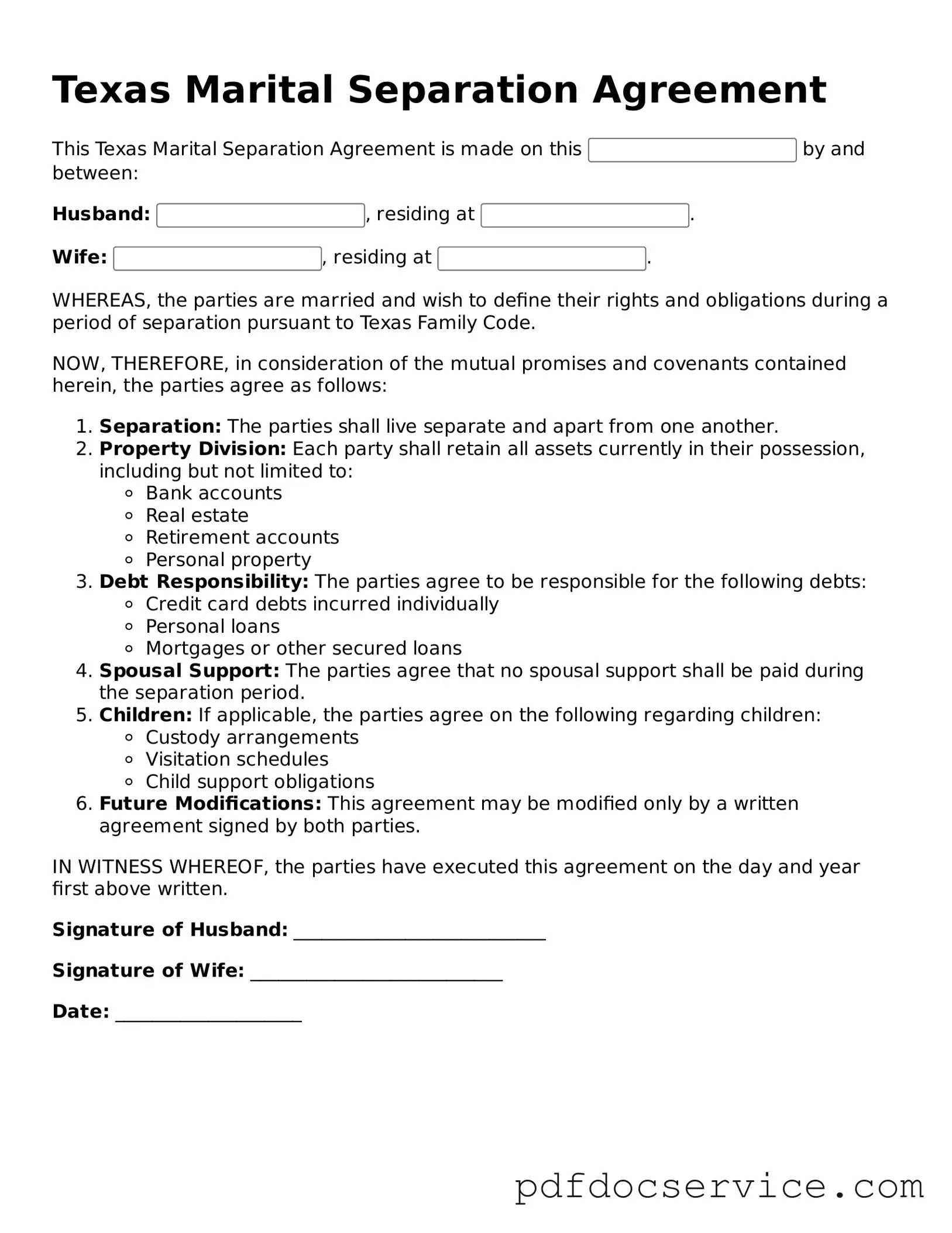 Printable  Marital Separation Agreement Template for Texas