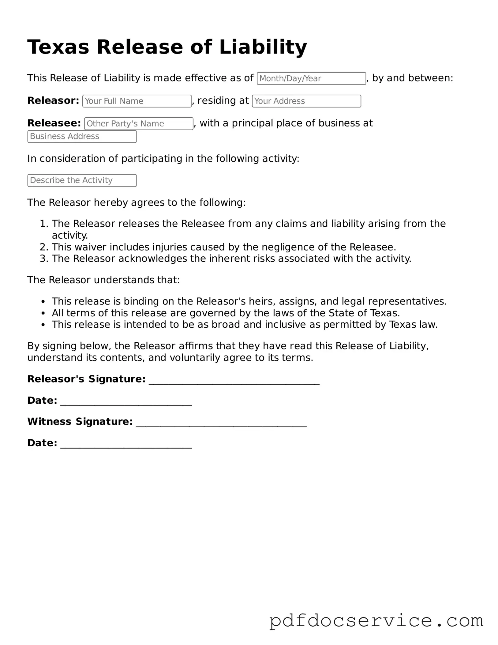 Printable  Release of Liability Template for Texas