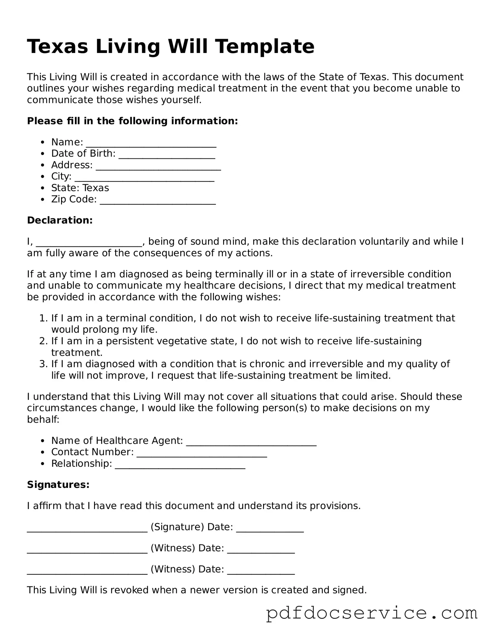 Printable  Living Will Template for Texas