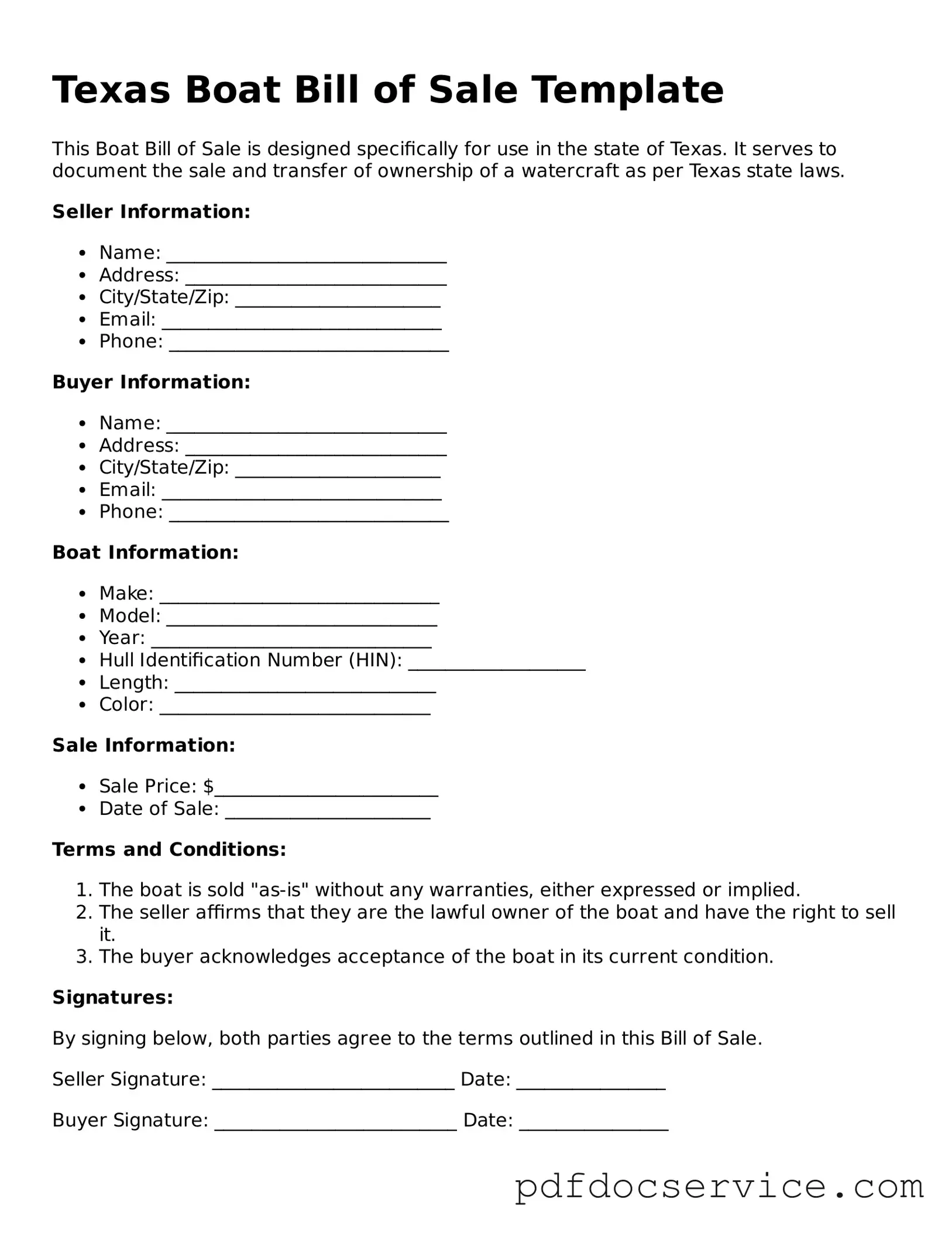 Printable  Boat Bill of Sale Template for Texas