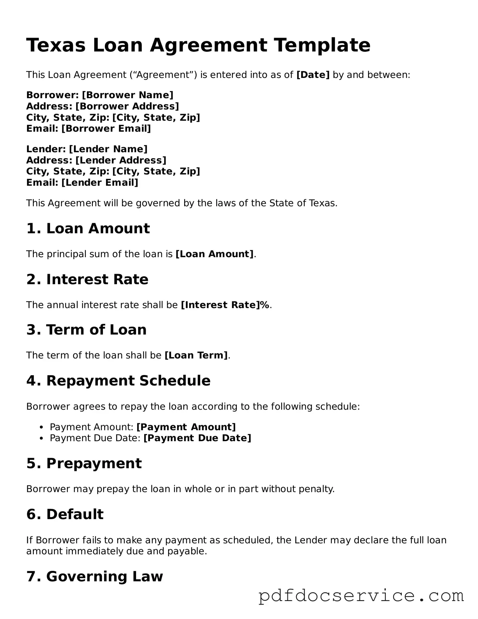 Printable  Loan Agreement Template for Texas