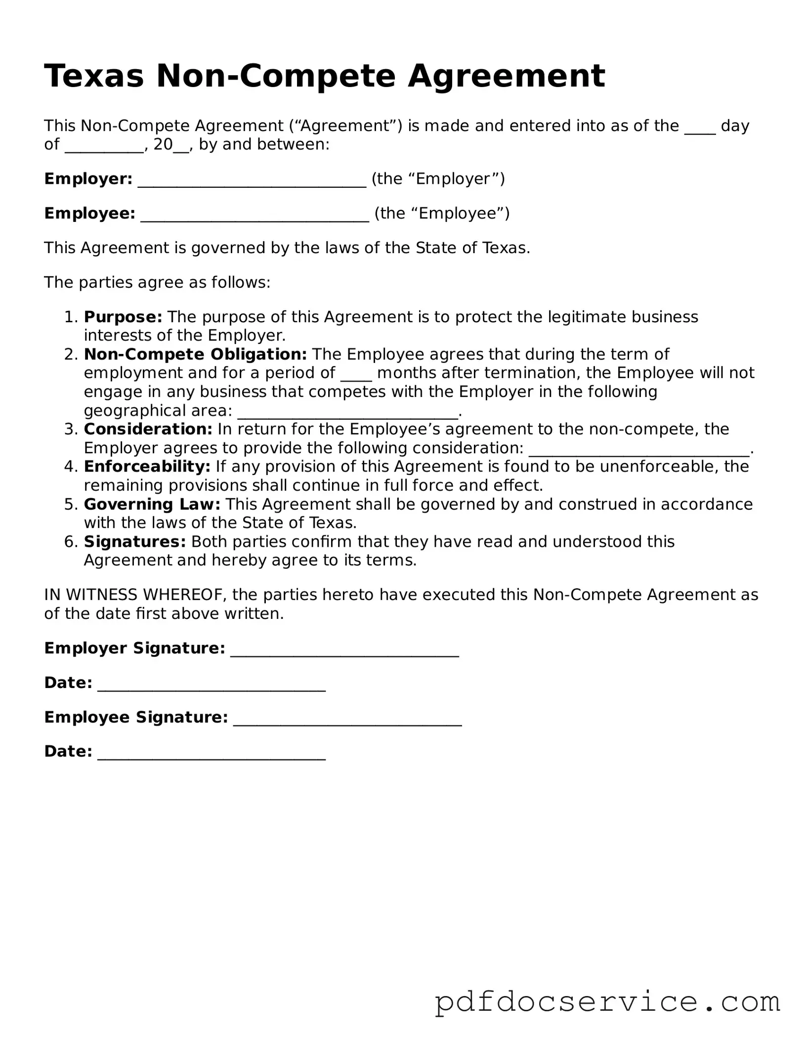 Printable  Non-compete Agreement Template for Texas