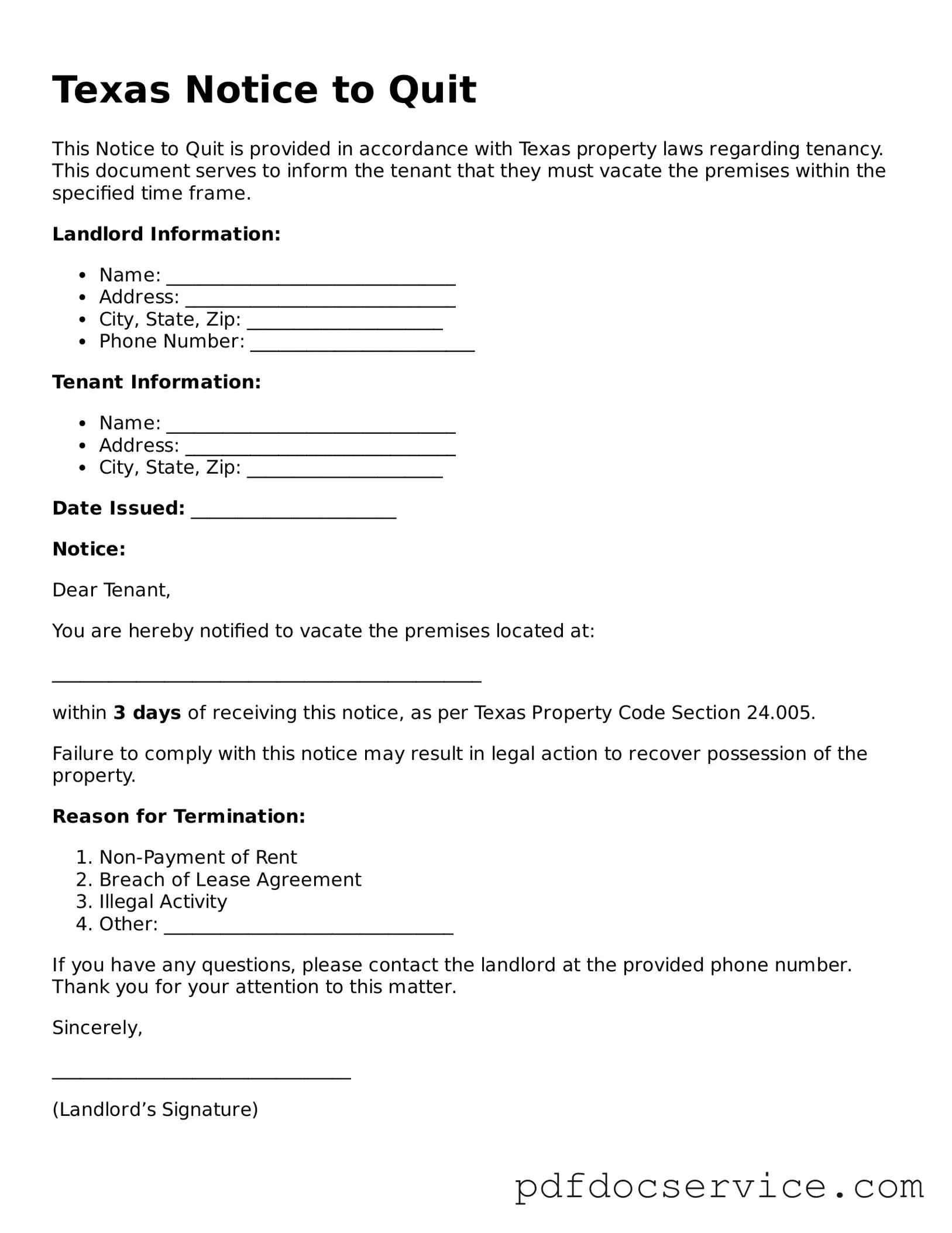 Printable  Notice to Quit Template for Texas