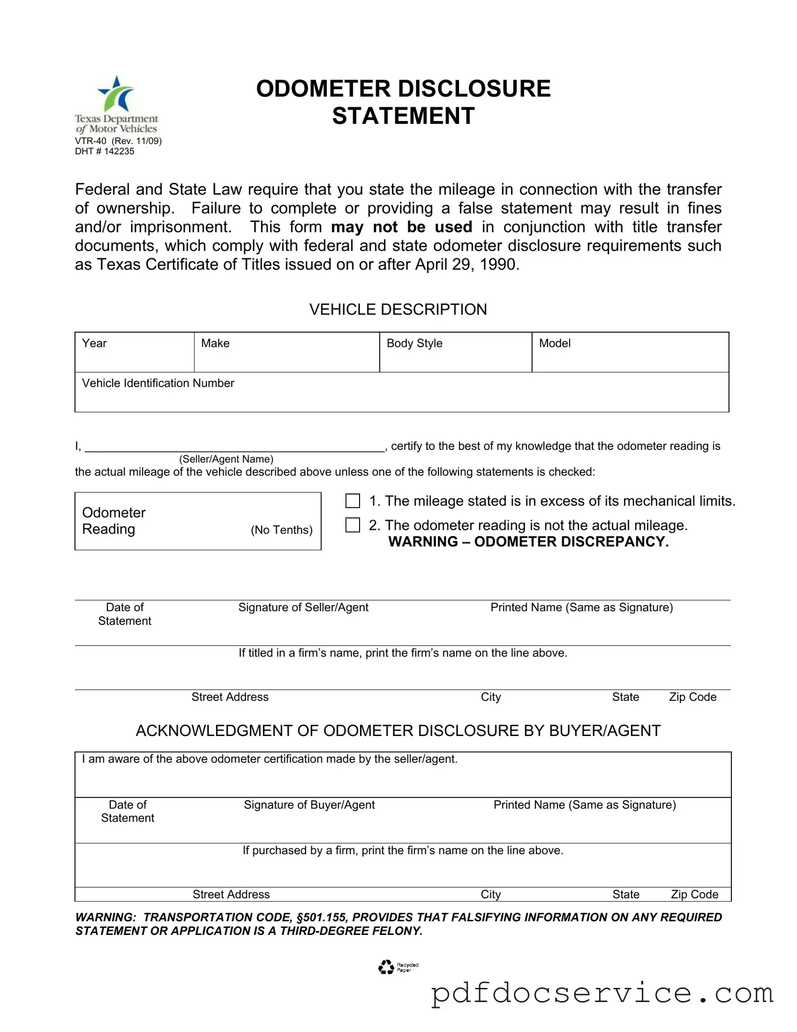 Fill Your Texas Odometer Statement Form