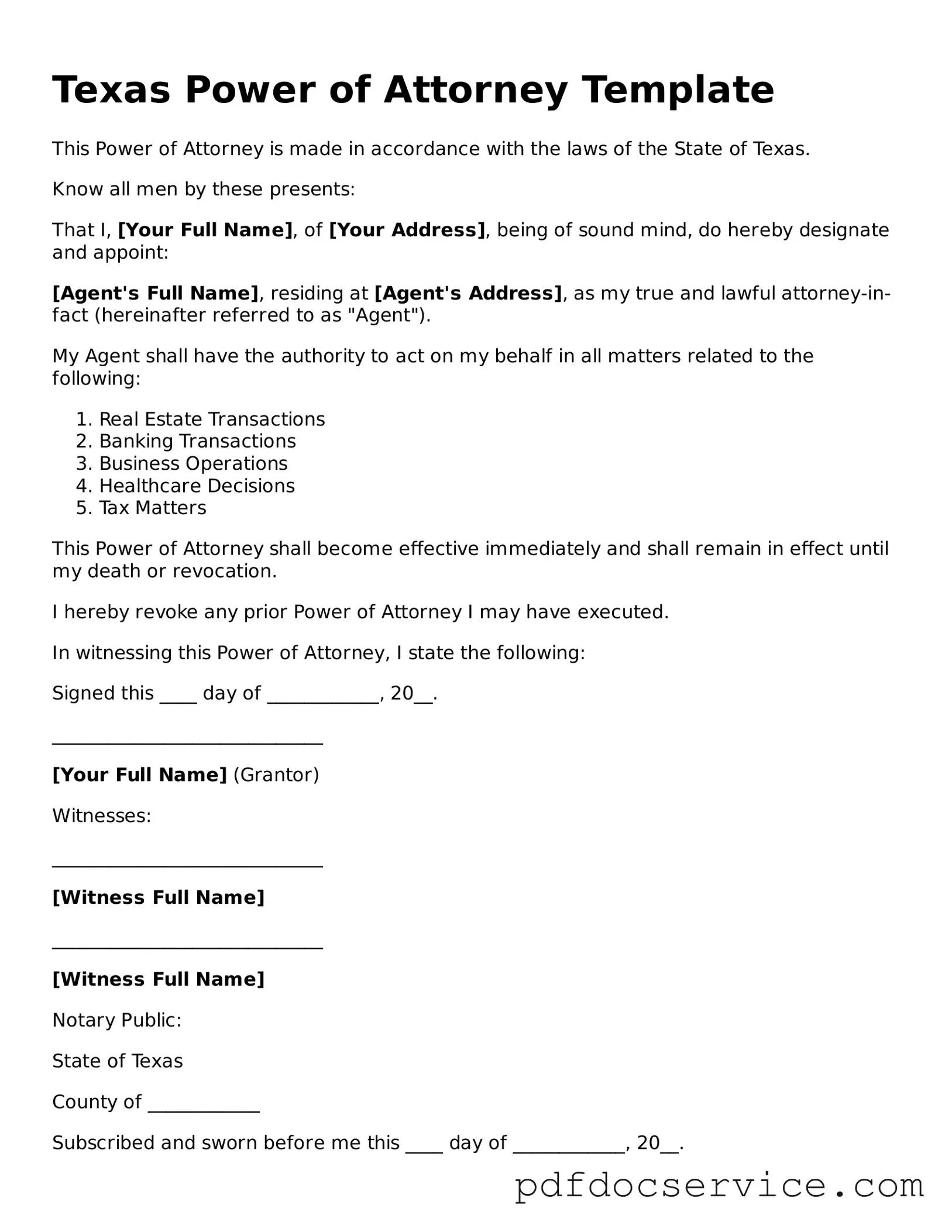 Printable  Power of Attorney Template for Texas