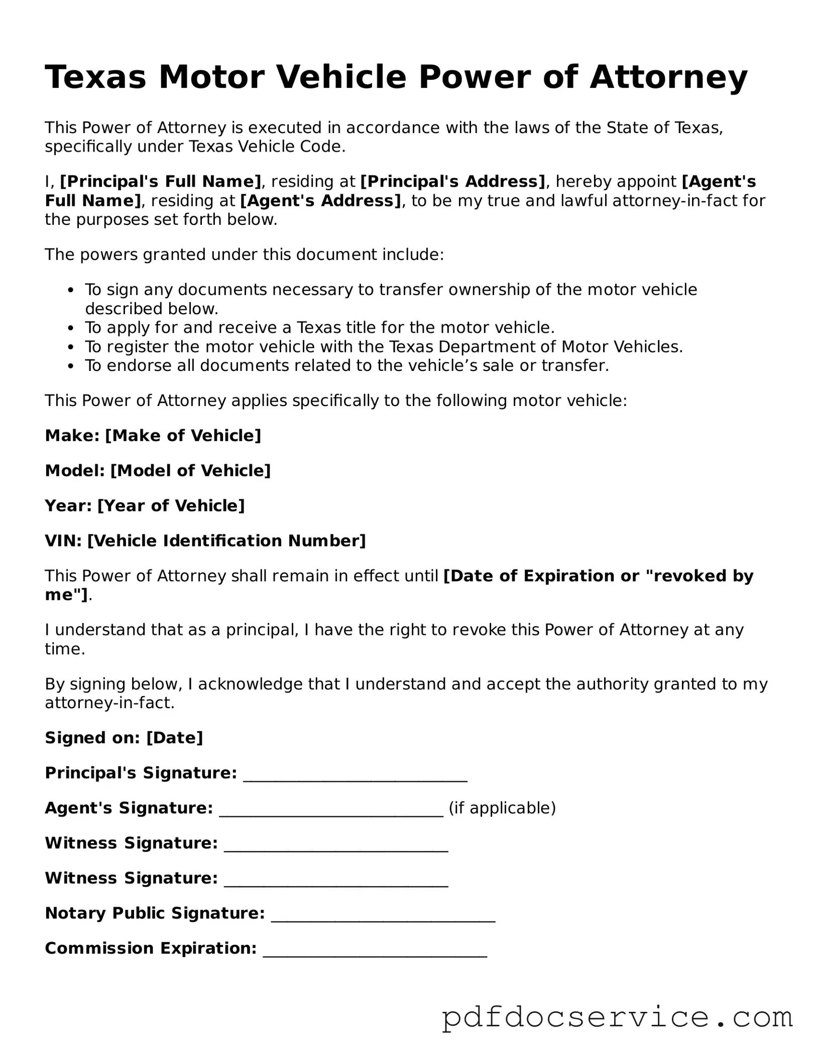 Printable  Motor Vehicle Power of Attorney Template for Texas