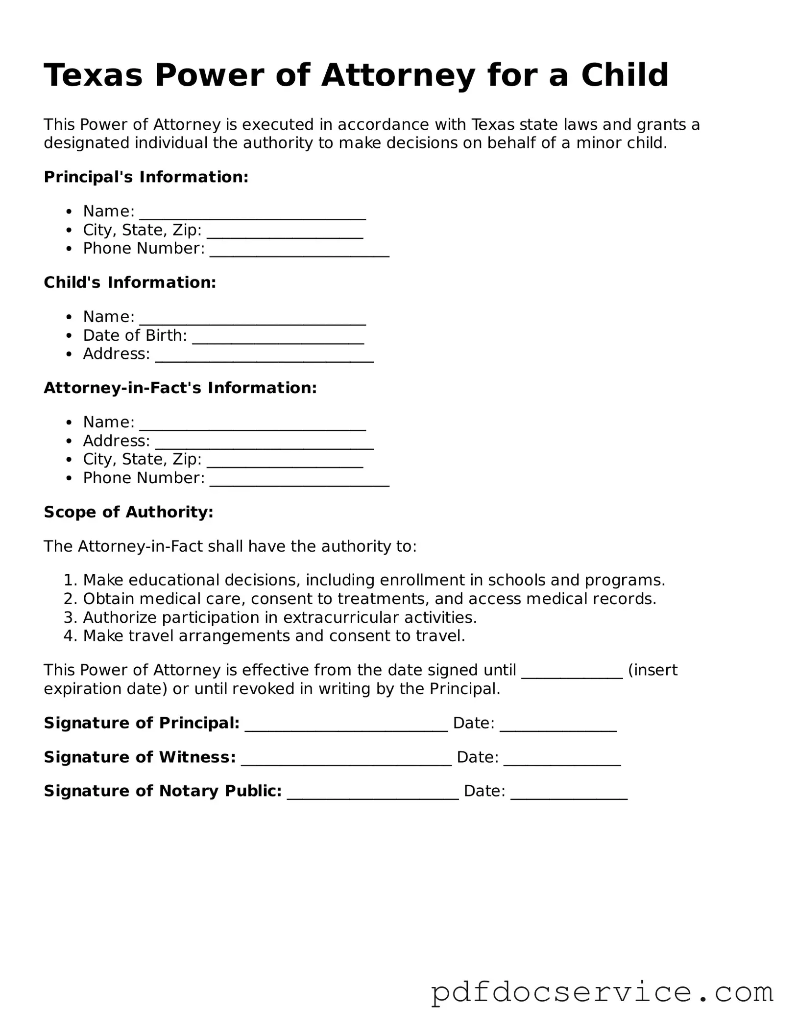 Printable  Power of Attorney for a Child Template for Texas