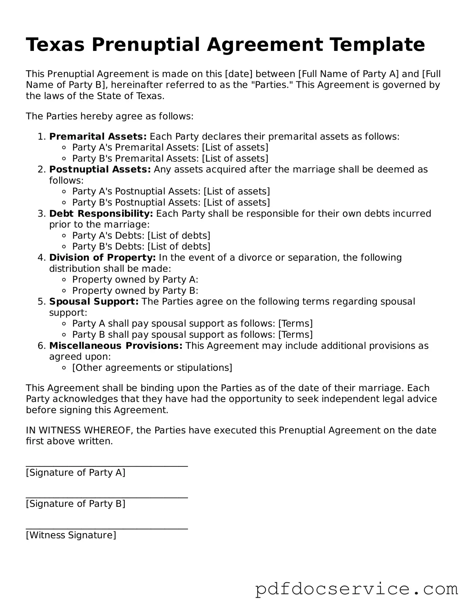 Printable  Prenuptial Agreement Template for Texas