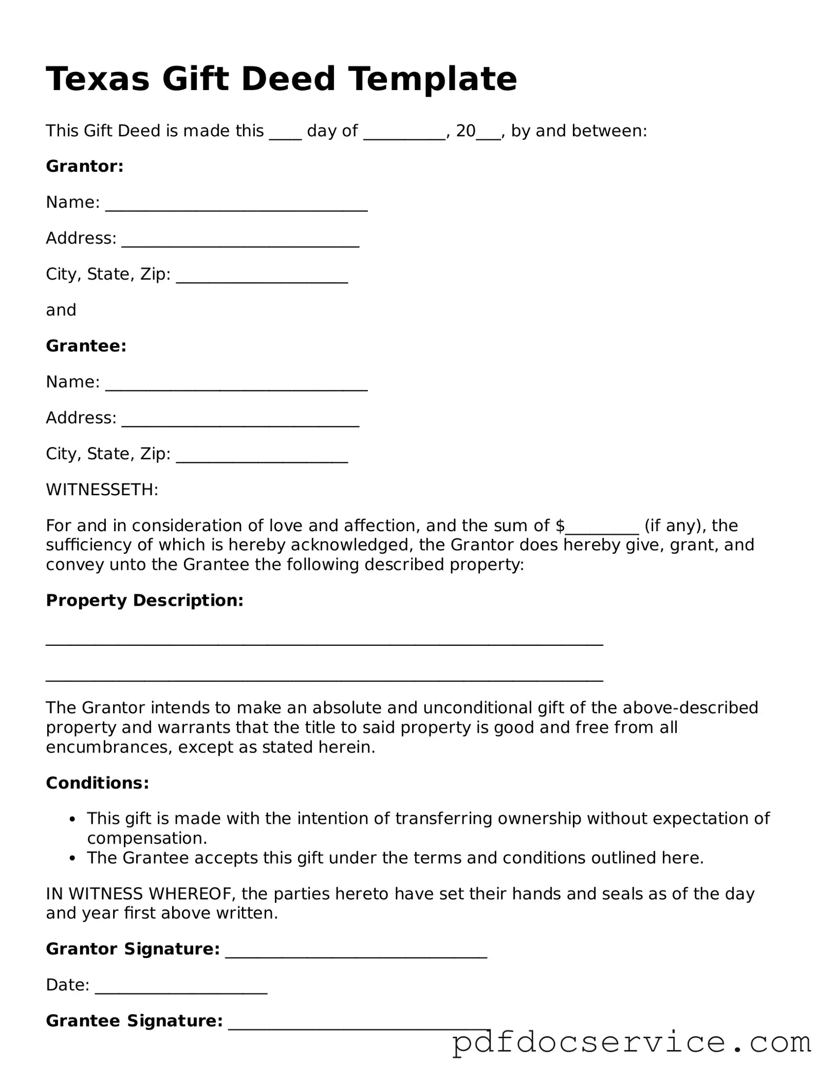 Printable  Gift Deed Template for Texas