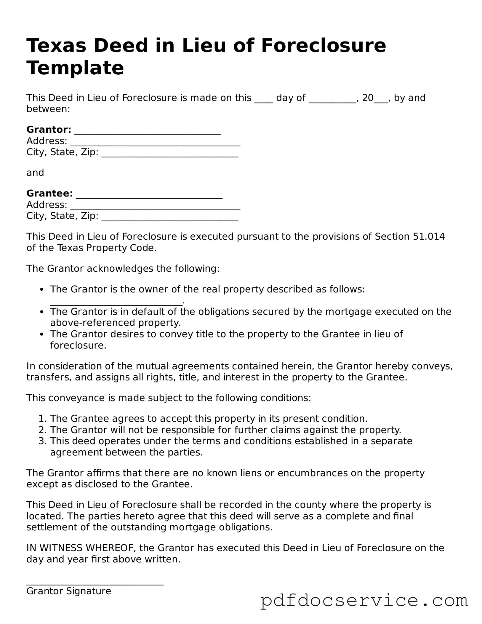 Printable  Deed in Lieu of Foreclosure Template for Texas