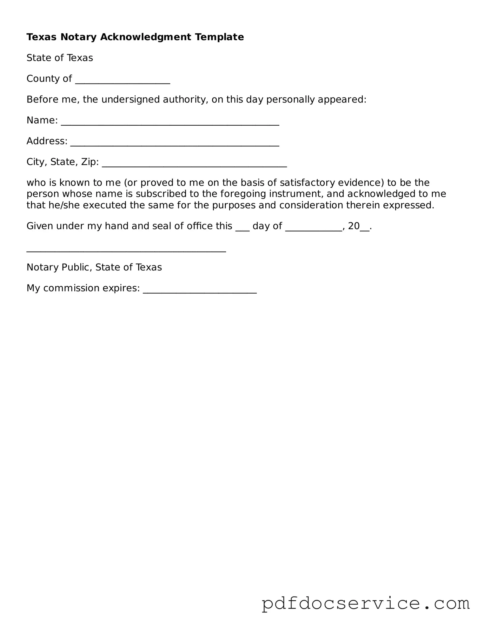 Printable  Notary Acknowledgement Template for Texas