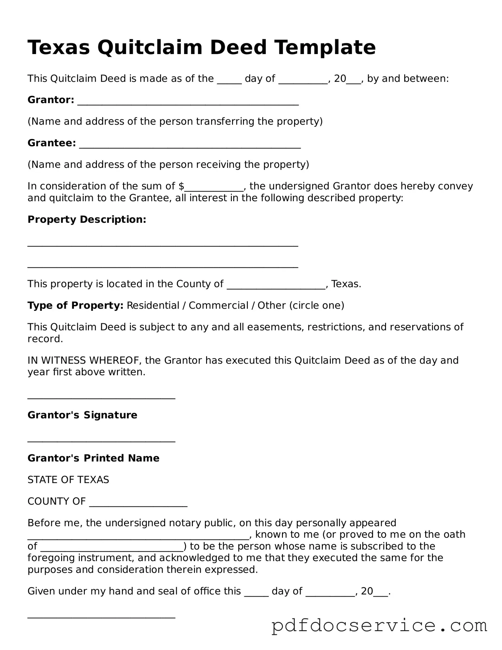 Printable  Quitclaim Deed Template for Texas