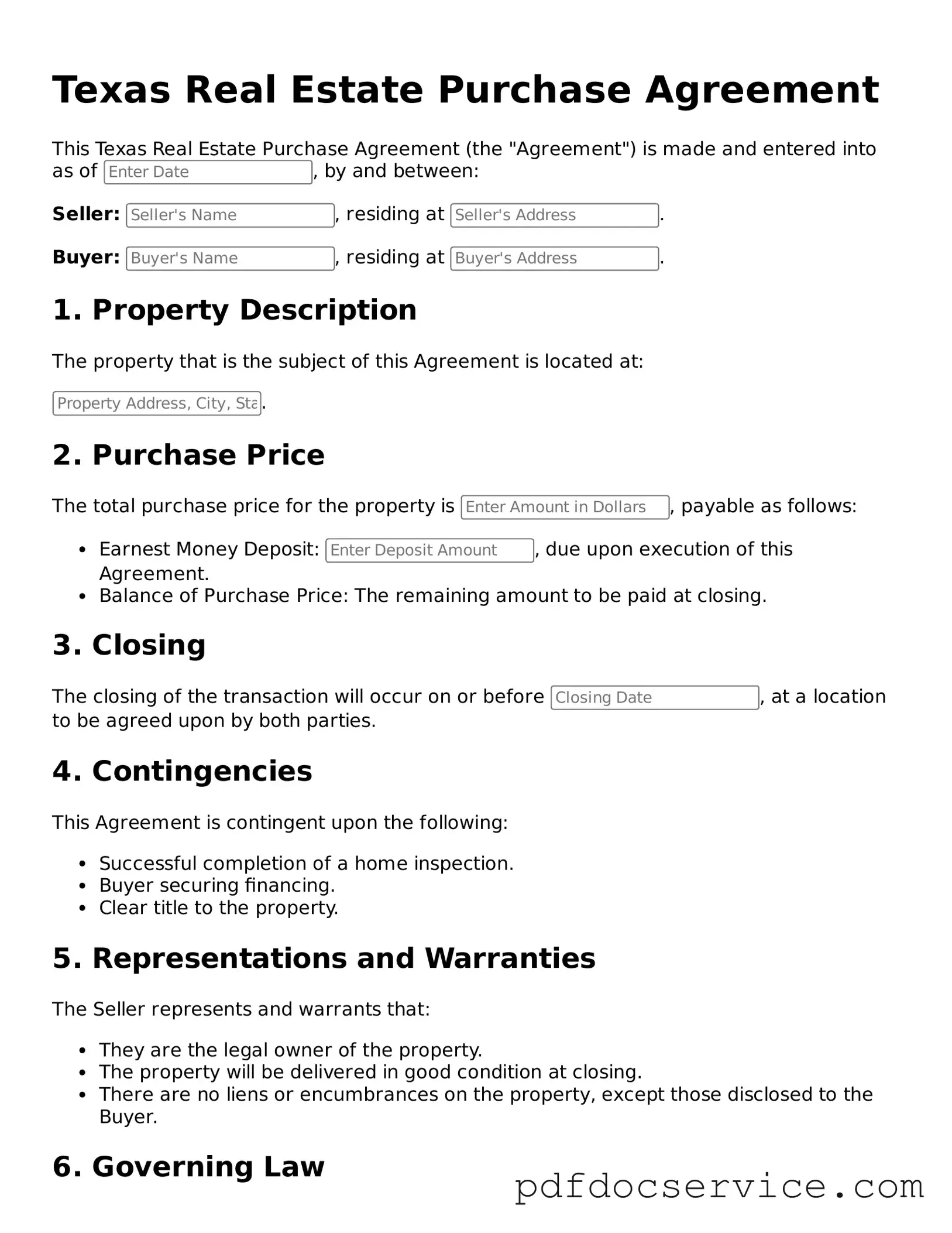 Printable  Real Estate Purchase Agreement Template for Texas