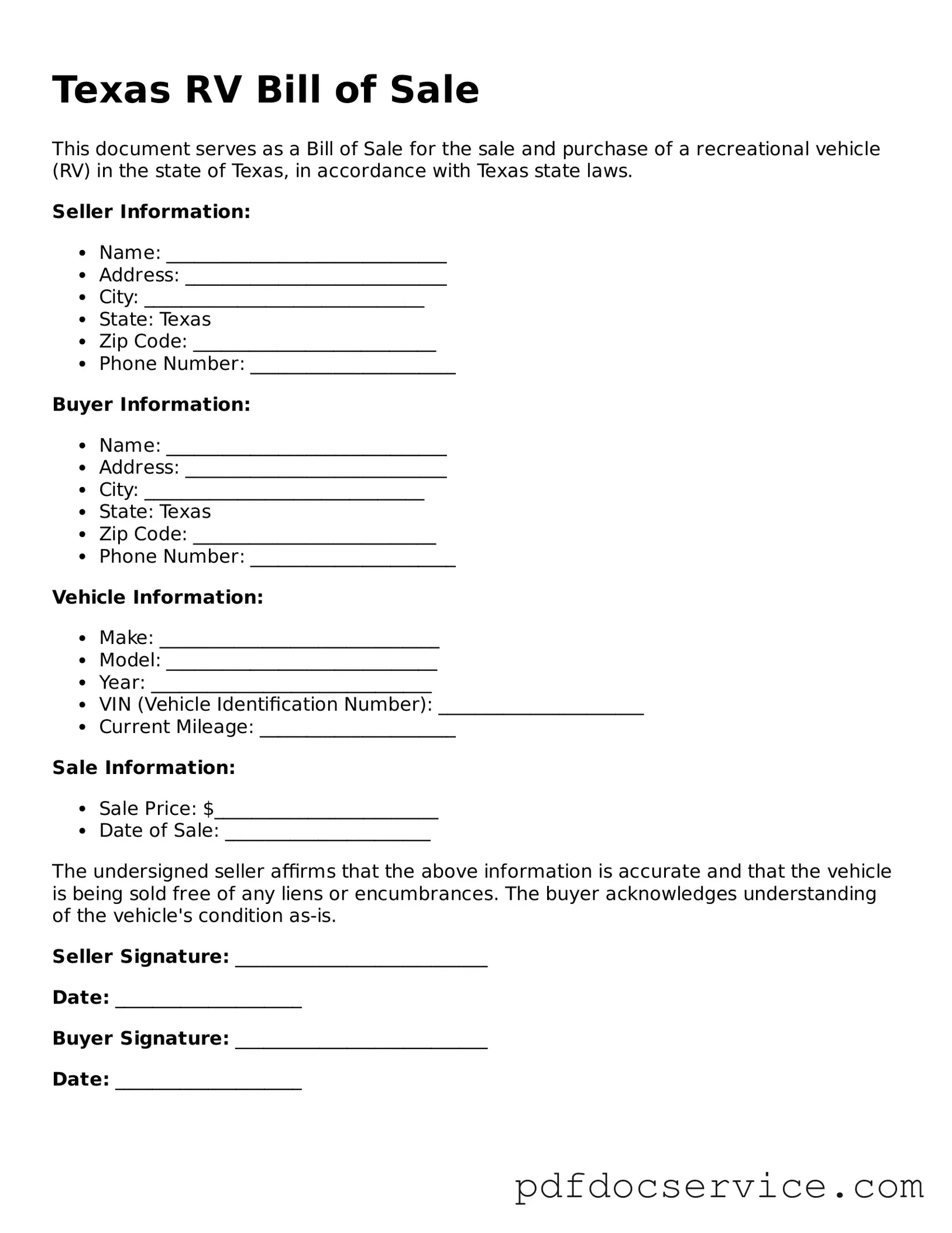 Printable  RV Bill of Sale Template for Texas