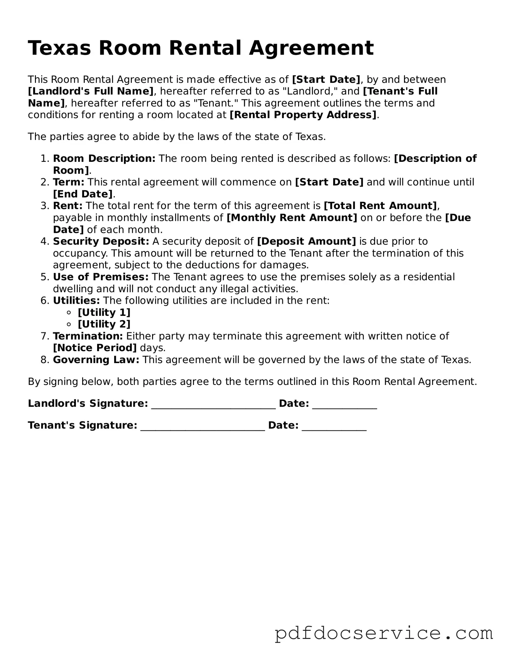 Printable  Room Rental Agreement Template for Texas