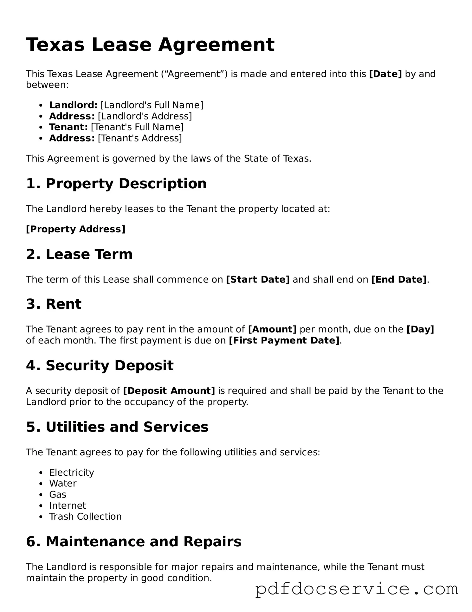 Printable  Lease Agreement Template for Texas