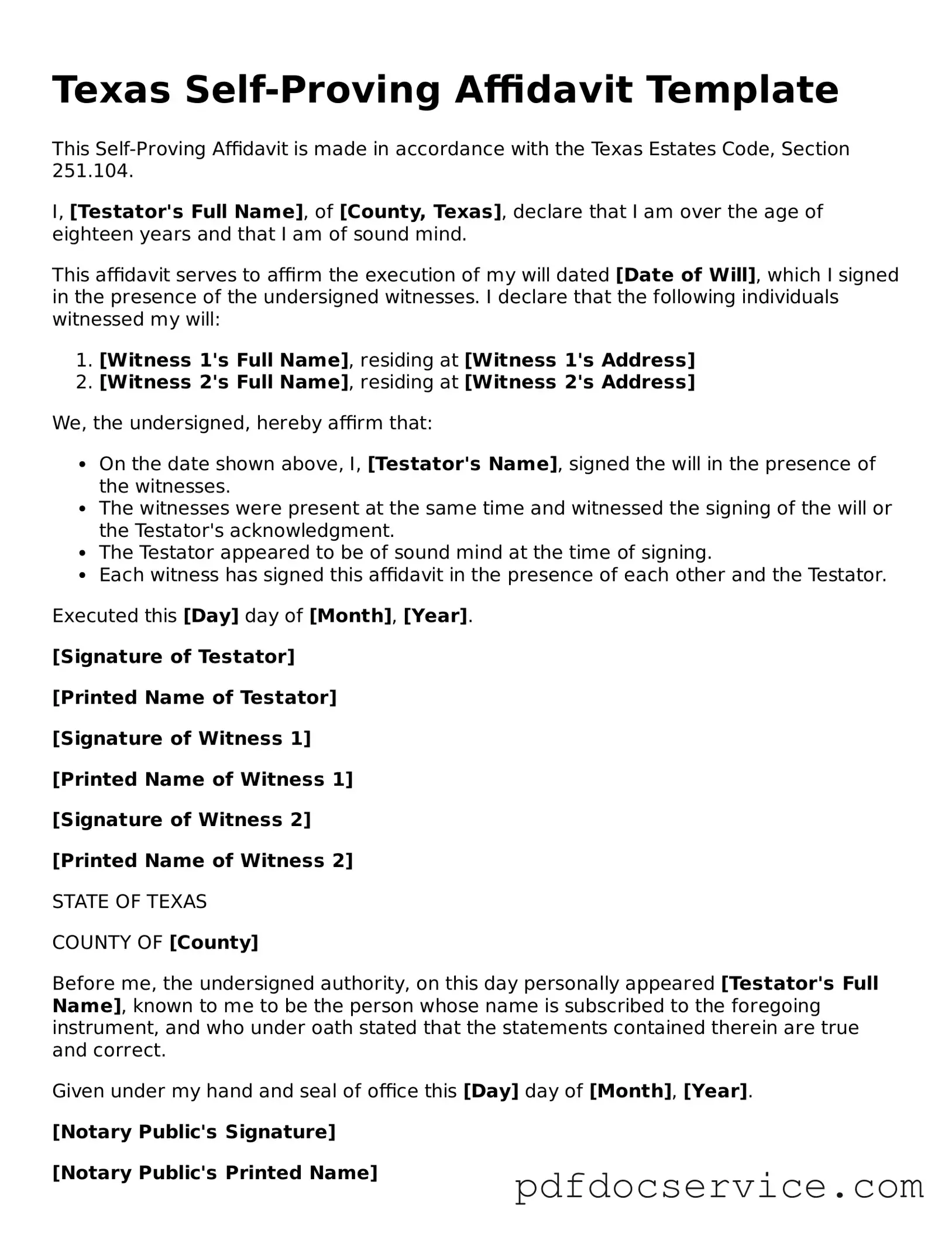 Printable  Self-Proving Affidavit Template for Texas
