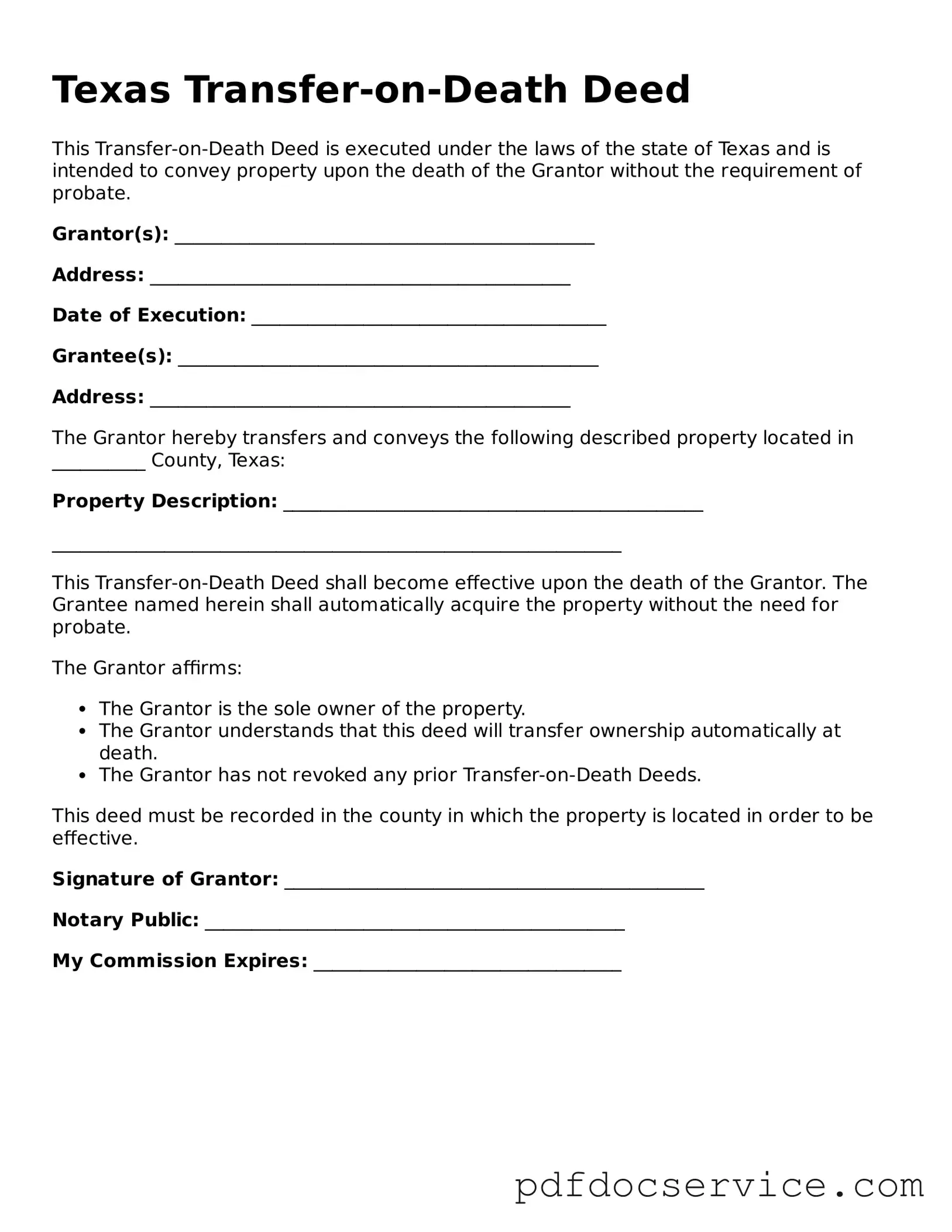 Printable  Transfer-on-Death Deed Template for Texas