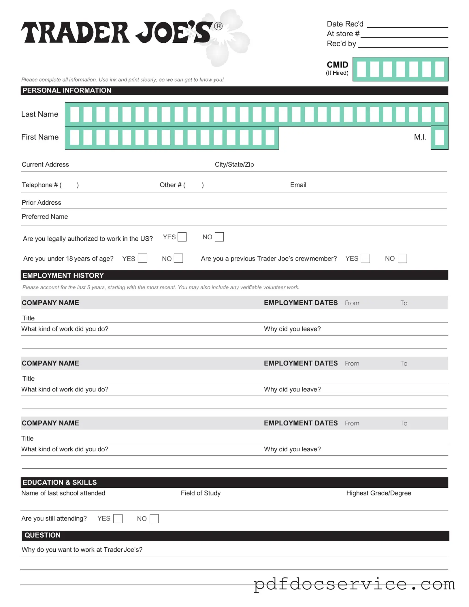Fill Your Trader Joe's application Form