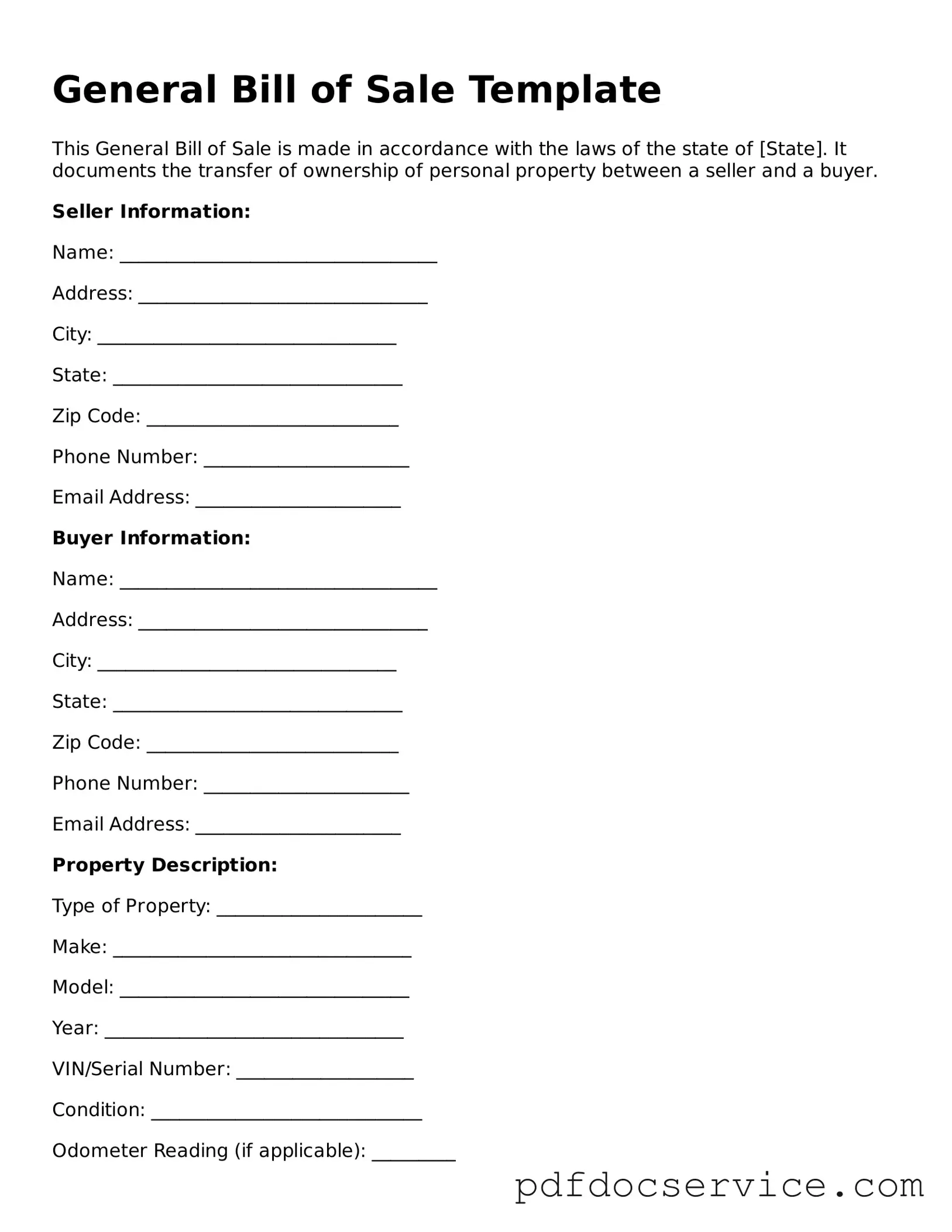 Blank General Bill of Sale Form