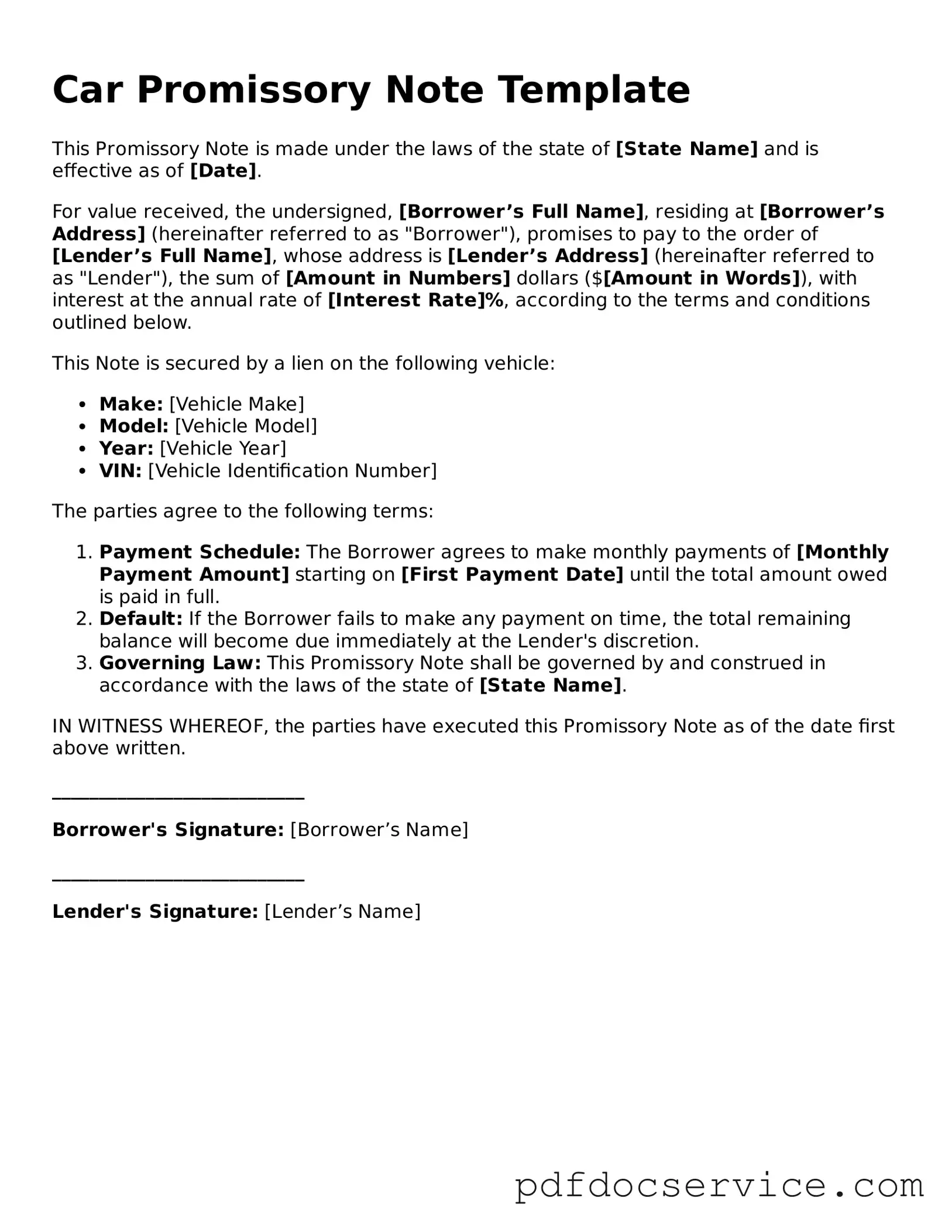 Blank Promissory Note for a Car Form