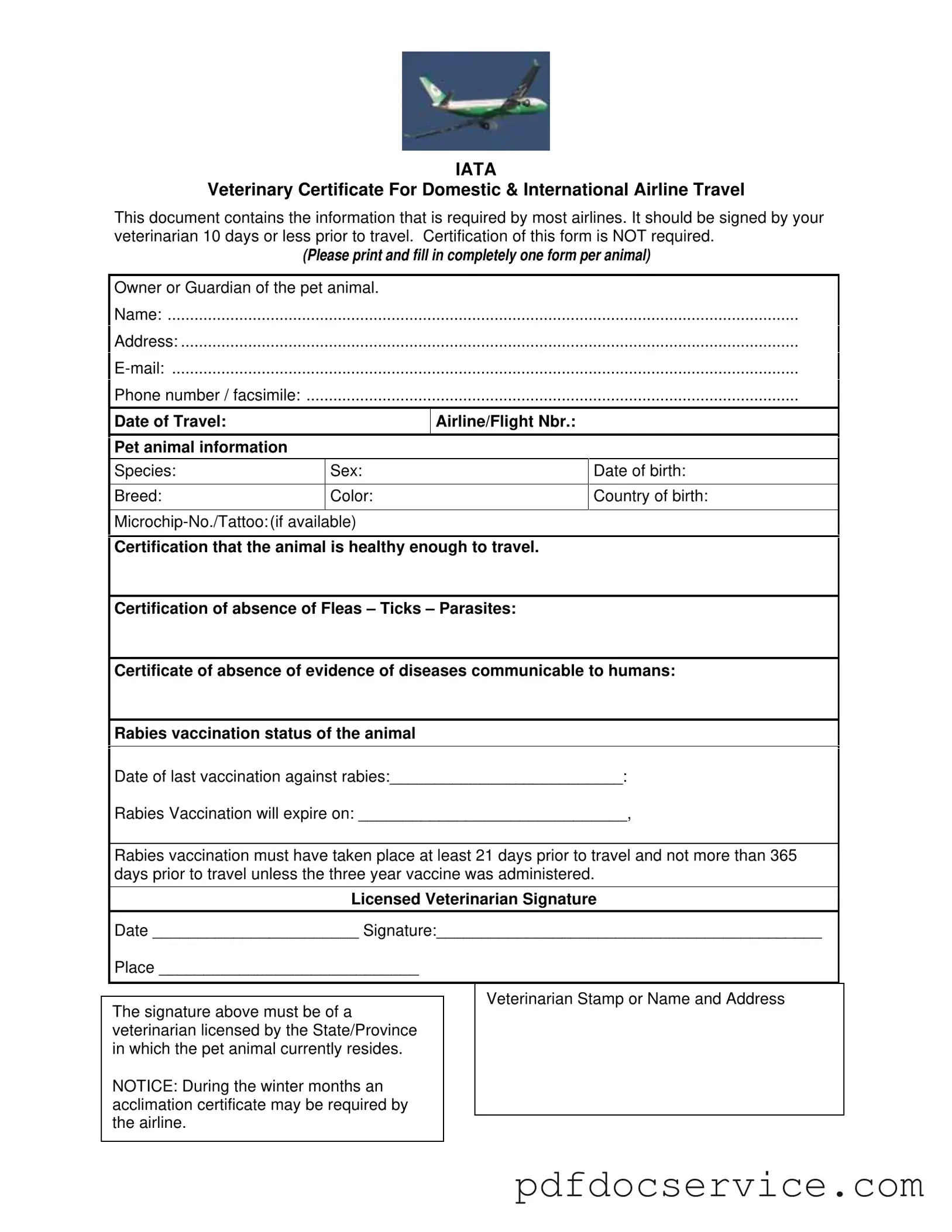 Fill Your Veterinary Certificate Travel Form